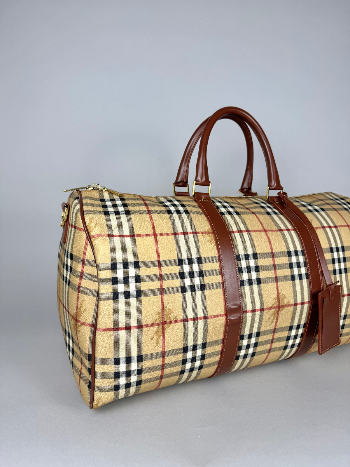 Burberry Brown Leather And Haymarket Check Coated Canvas Travel Duffel