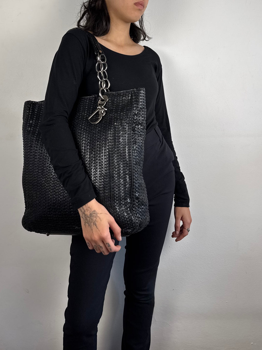Christian Dior Black Woven Lambskin Leather Lady Dior Tote