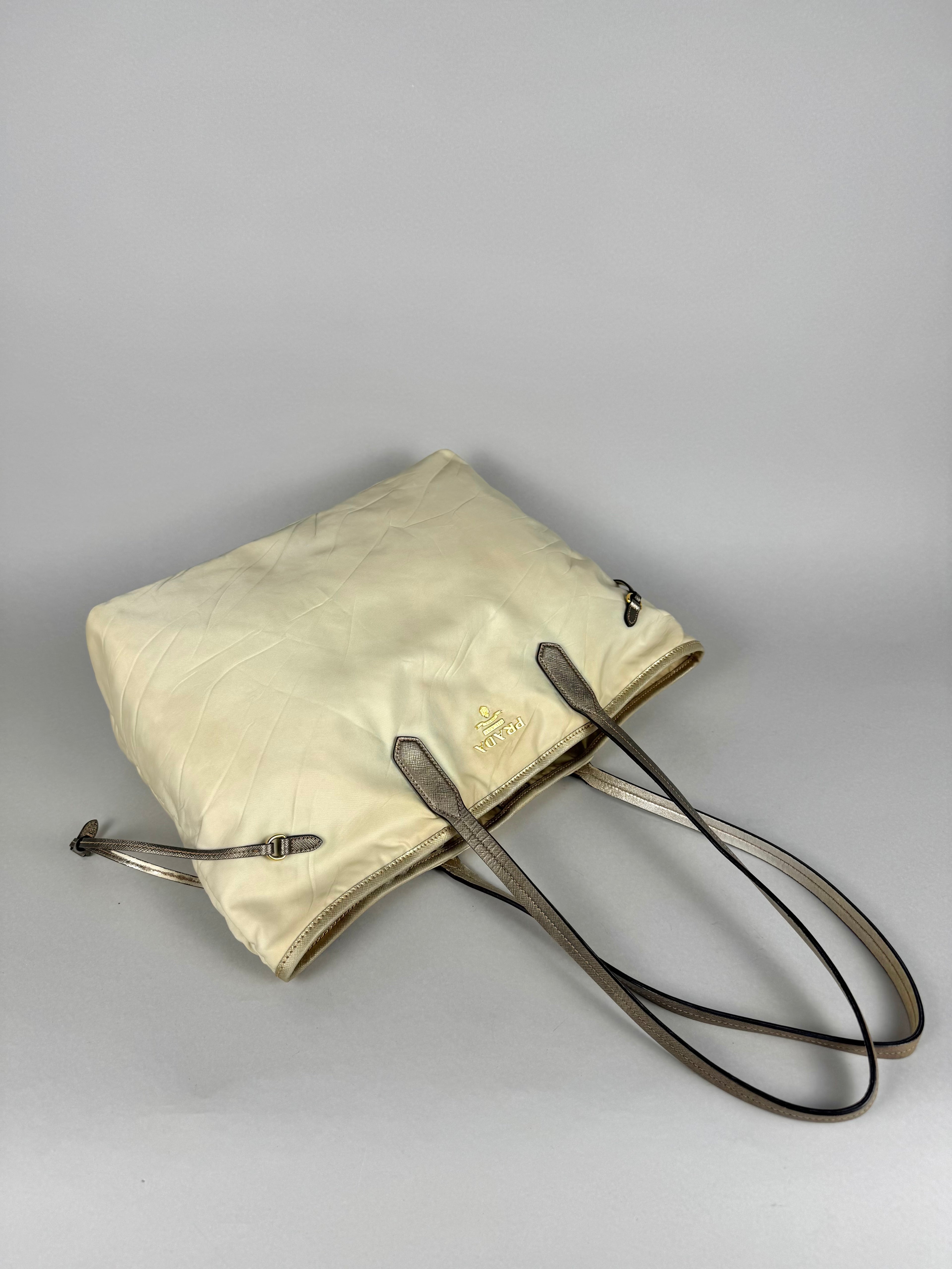Prada Tessuto Nylon Saffiano Shopping Tote Off White
