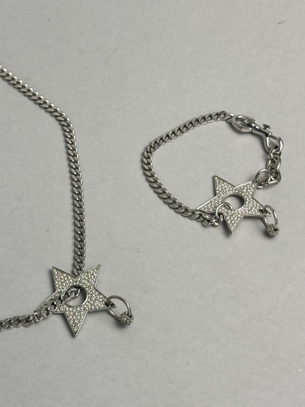 Christian Dior Crystal Star Pierced Choker Necklace Silver and Bracelet
