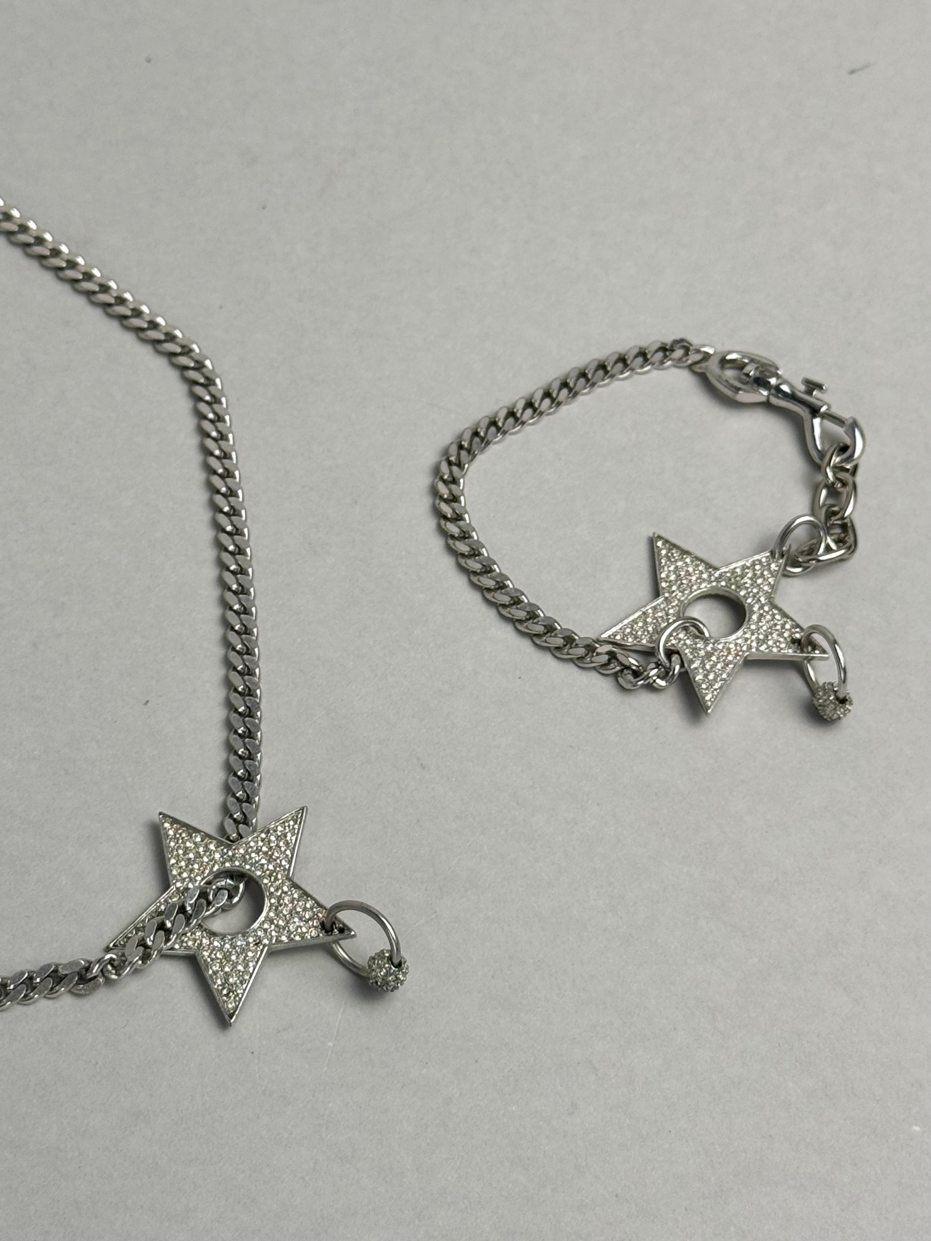 Christian Dior Crystal Star Pierced Choker Necklace Silver and Bracelet