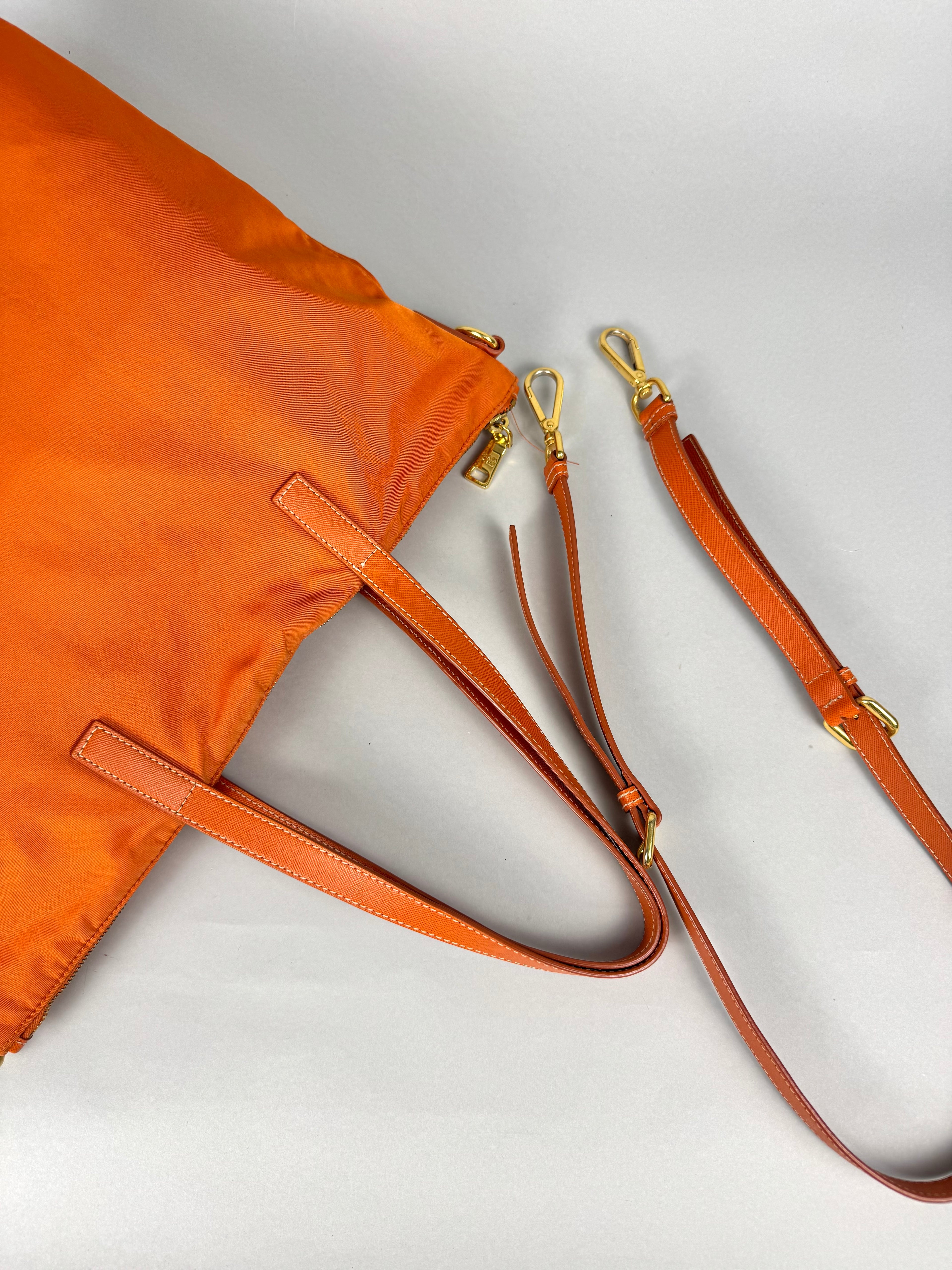 Prada Tessuto Orange Nylon With Leather Strap Tote Bag