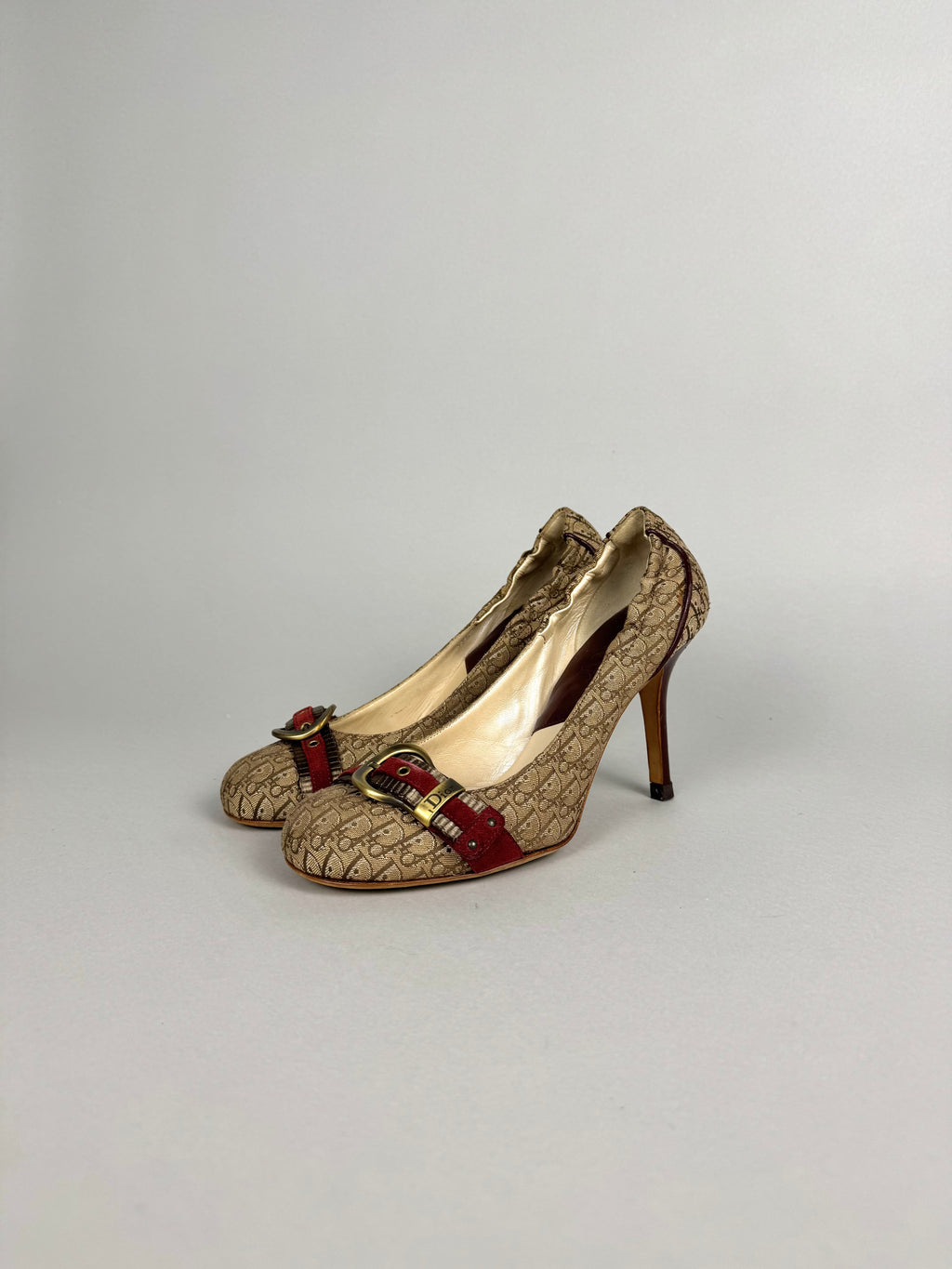 Dior Monogram Burgundy Beige Canvas Heels