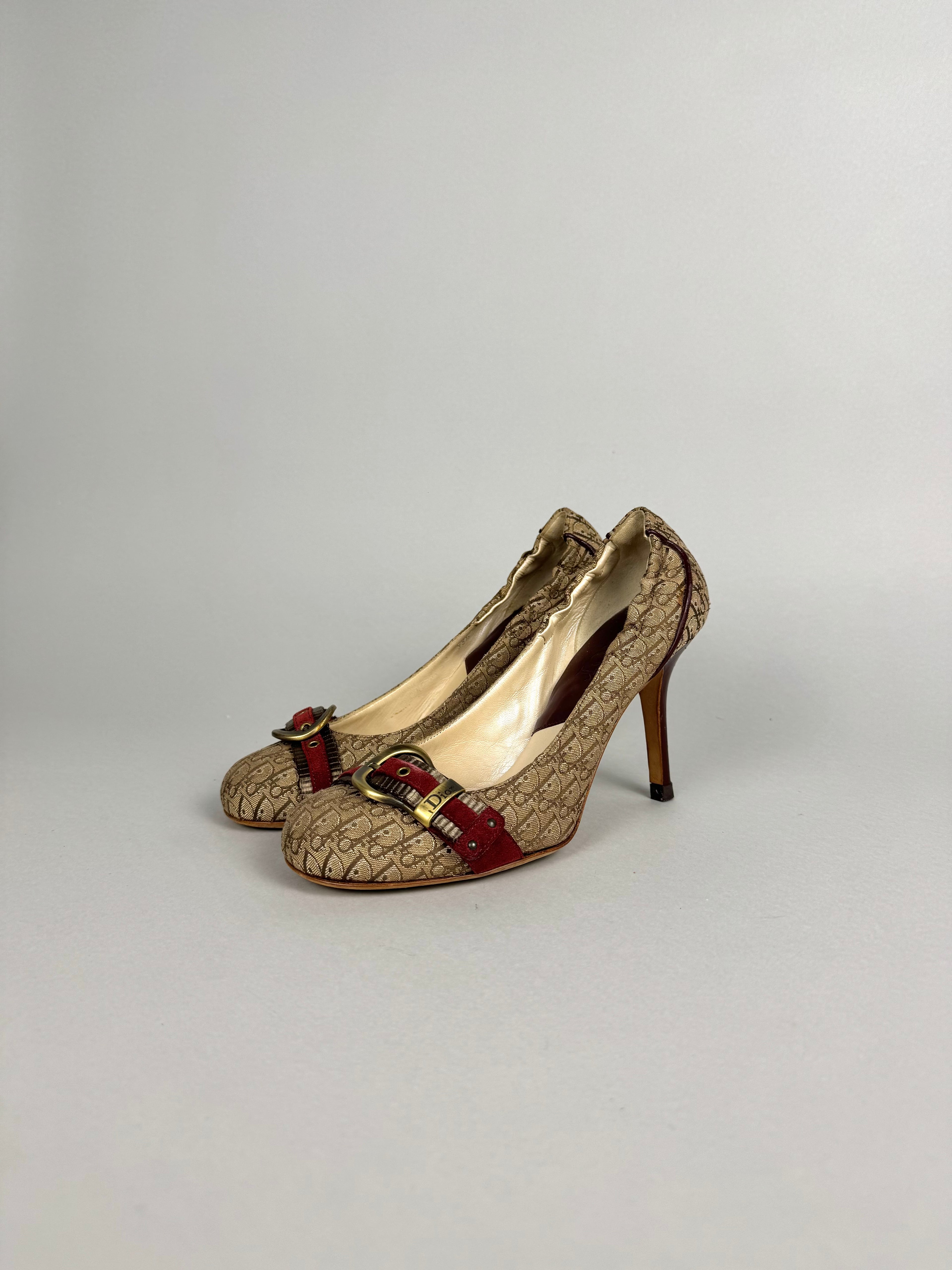 Dior Monogram Burgundy Beige Canvas Heels