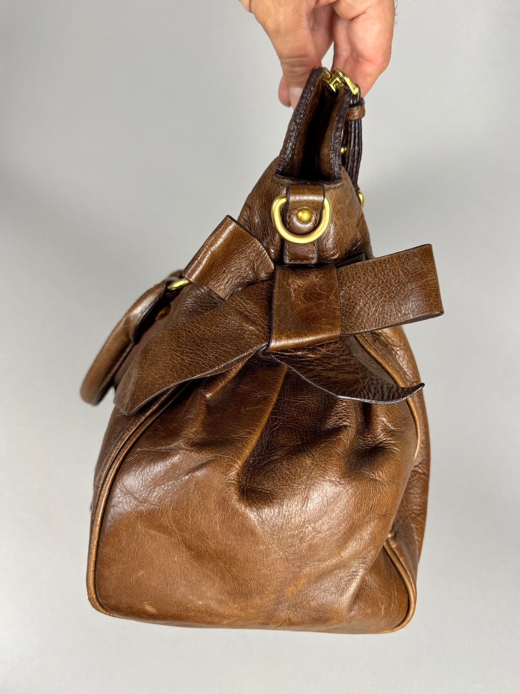 Miu Miu Lux Bow Vitello Leather Brown Tote