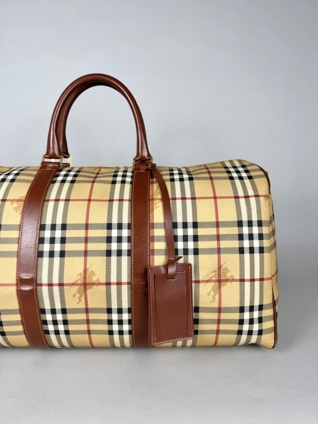 Burberry Brown Leather And Haymarket Check Coated Canvas Travel Duffel
