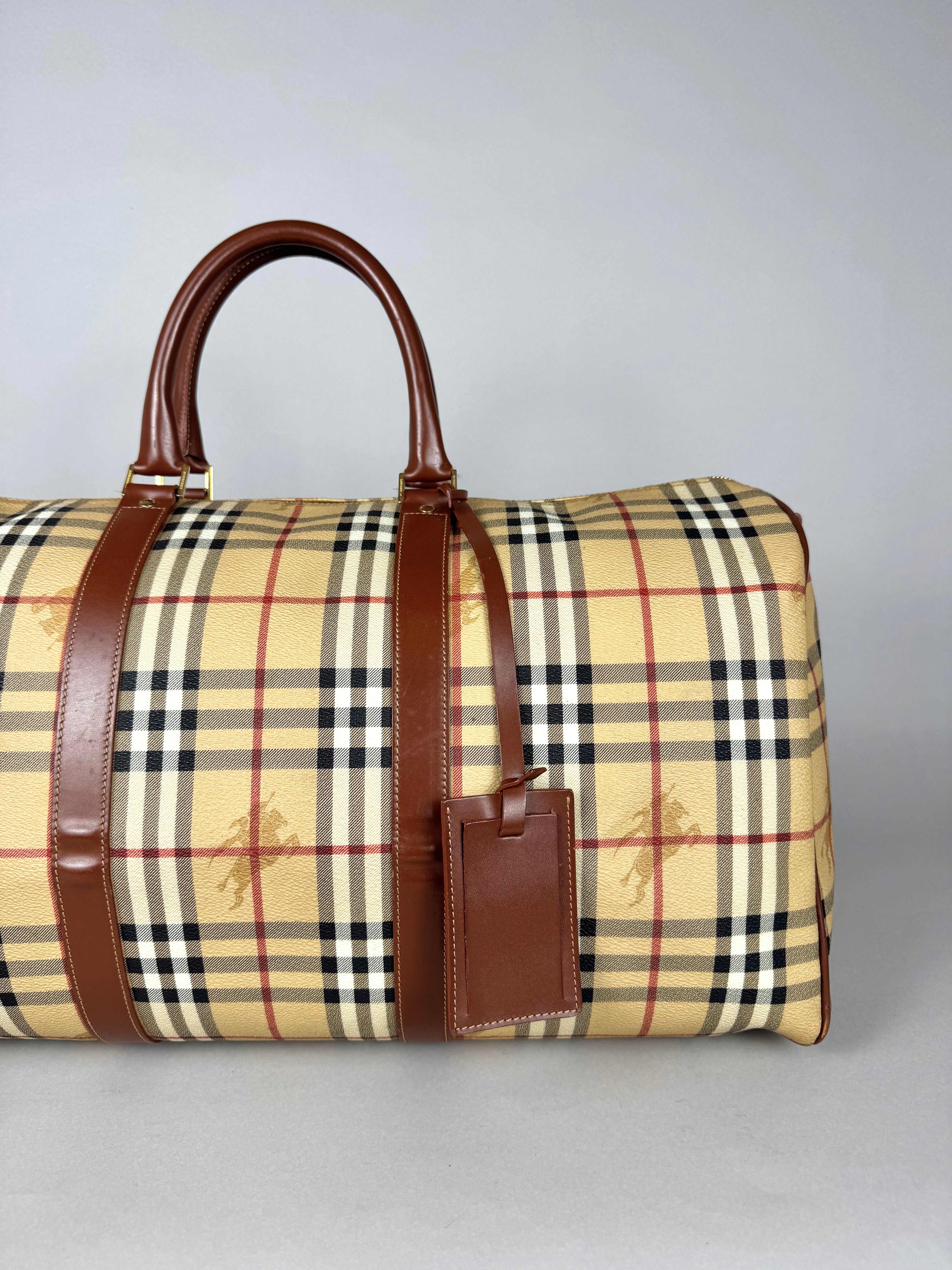 Burberry Brown Leather And Haymarket Check Coated Canvas Travel Duffel