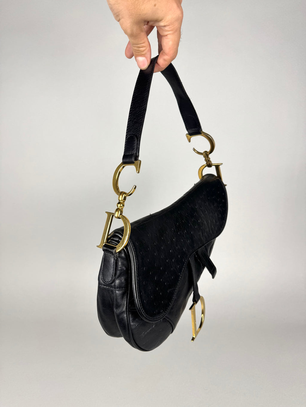 Christian Dior Saddle Ostrich Leather Black