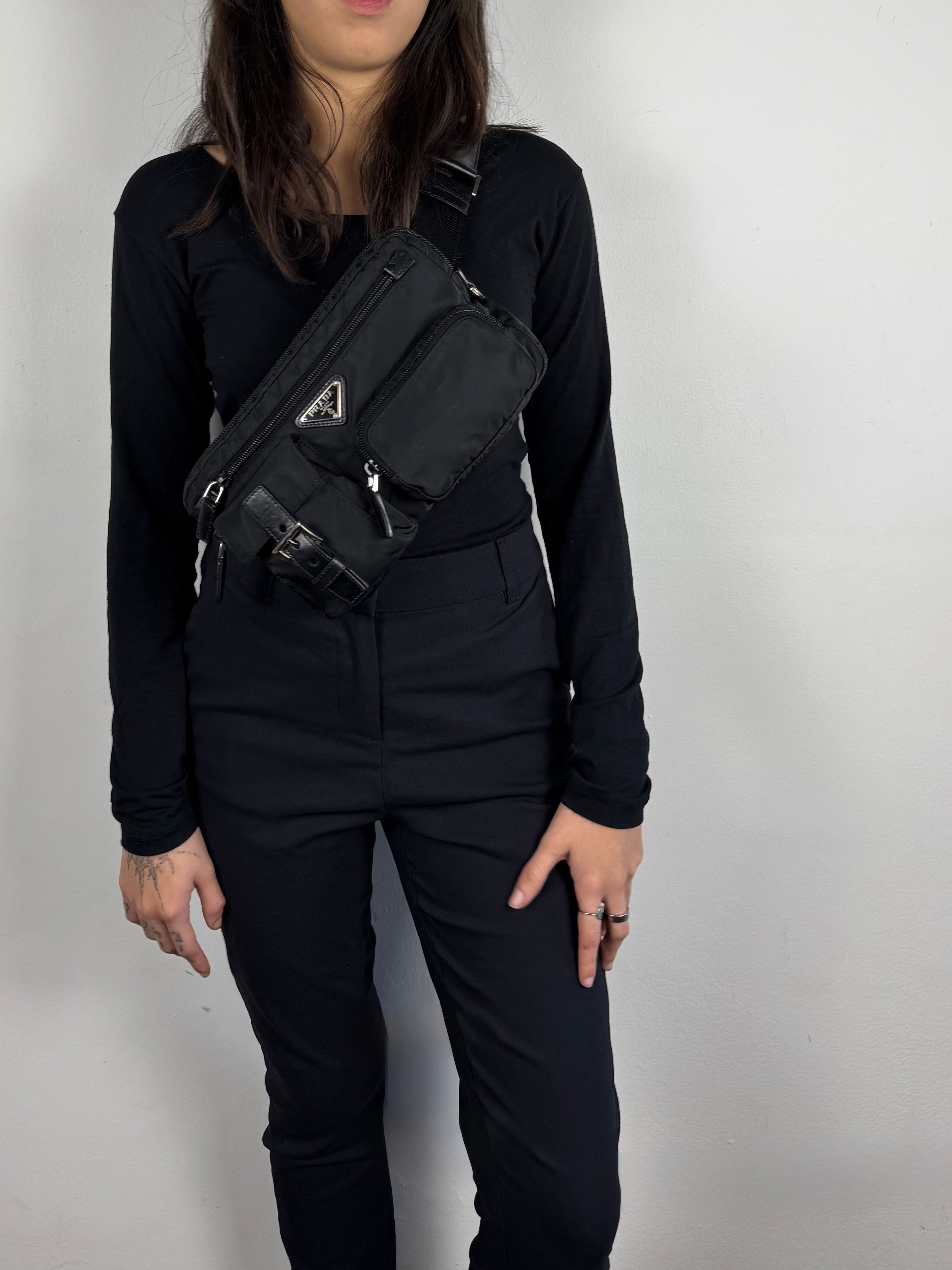 Prada Tessuto Nylon Black Saffiano Belt