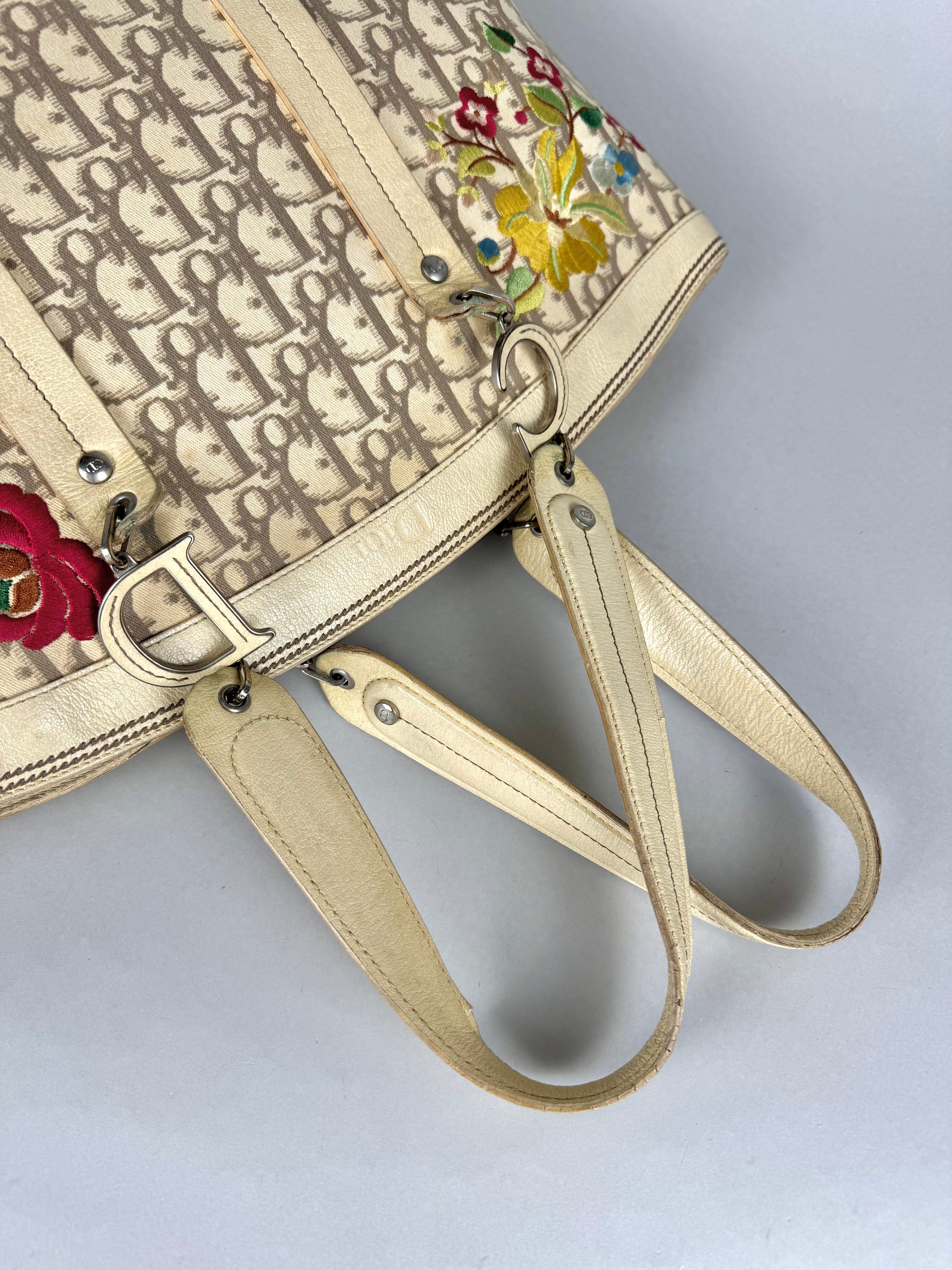 Christian Dior Beige Diorissimo Embroidered Flowers Tote