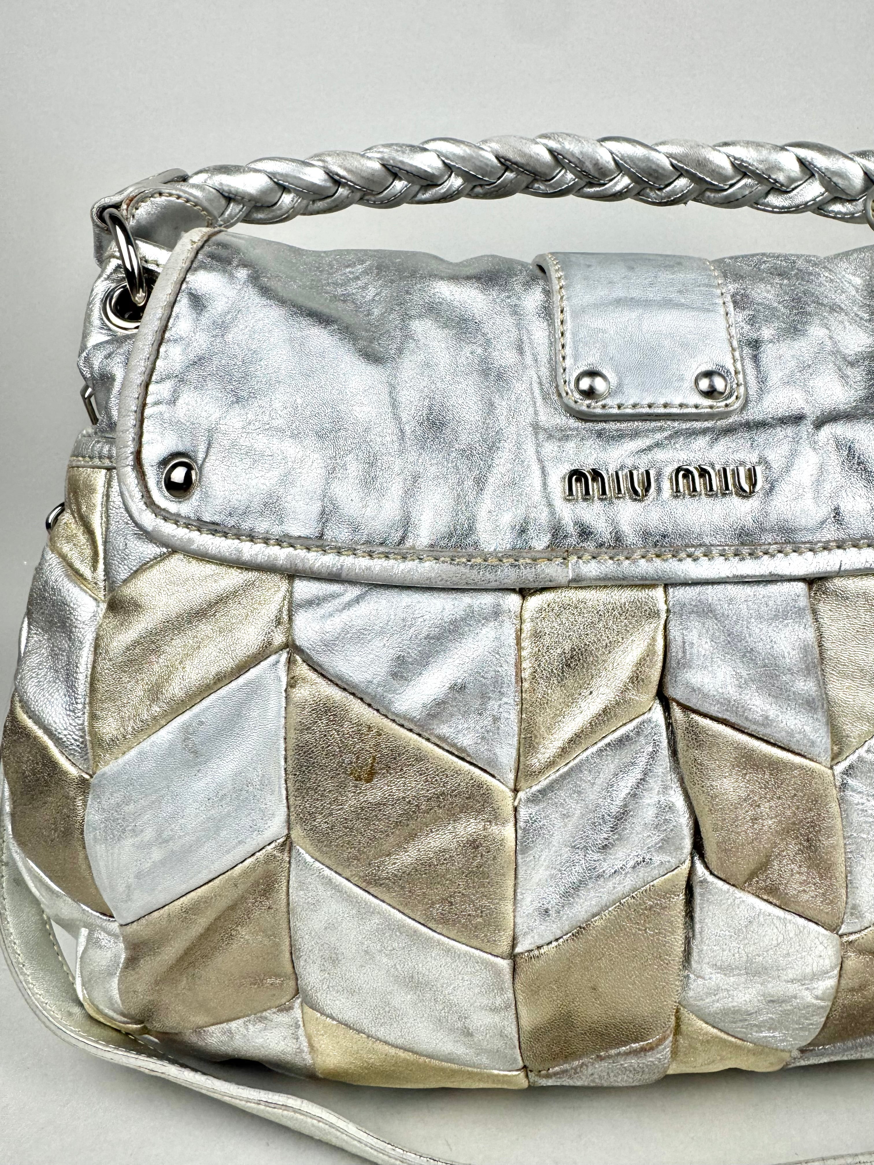 Miu Miu Silver Leather Harlequin Patchwork Coffer Matelass Hobo