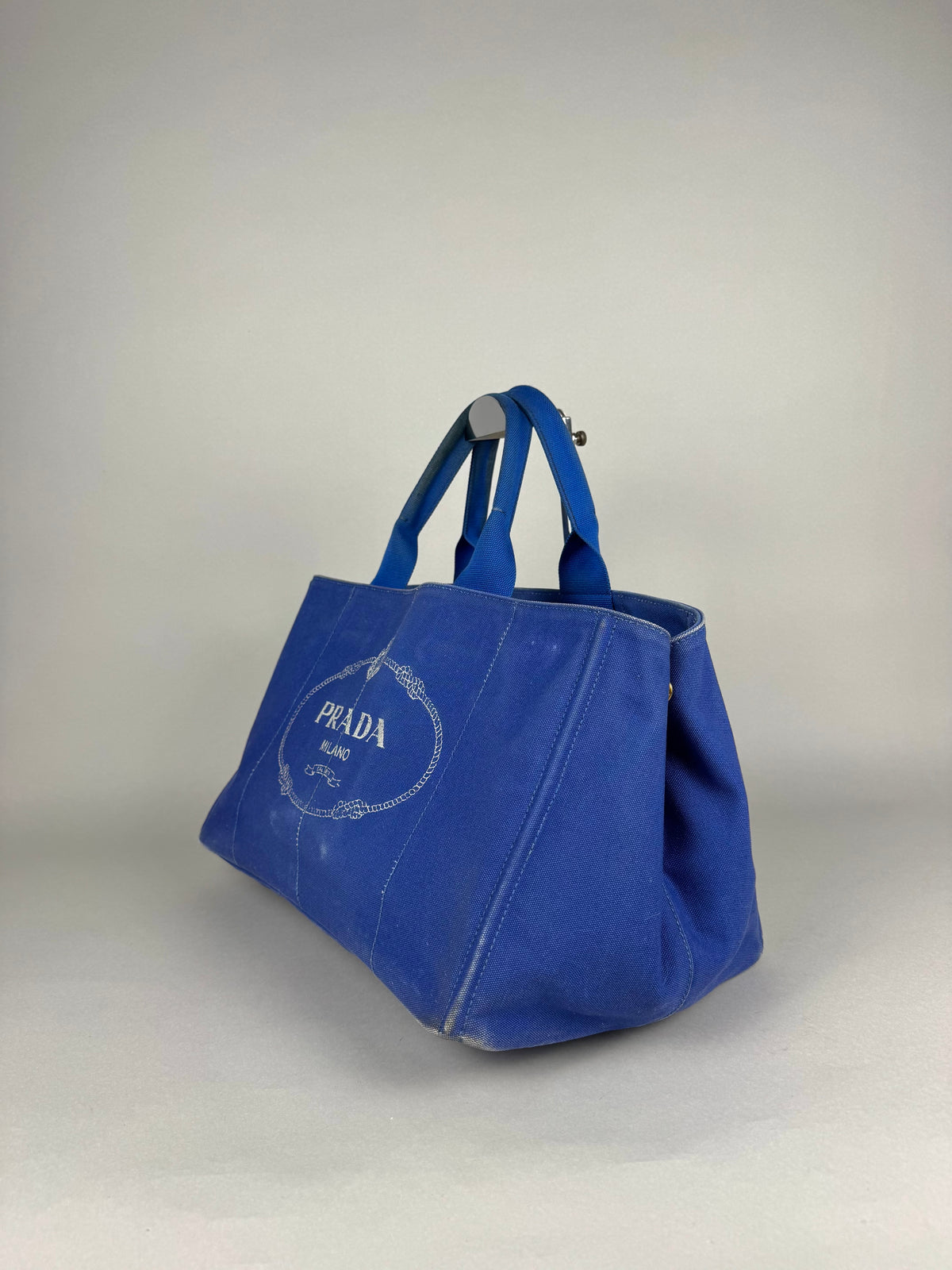 Prada Blue Printed Canapa Canvas Tote