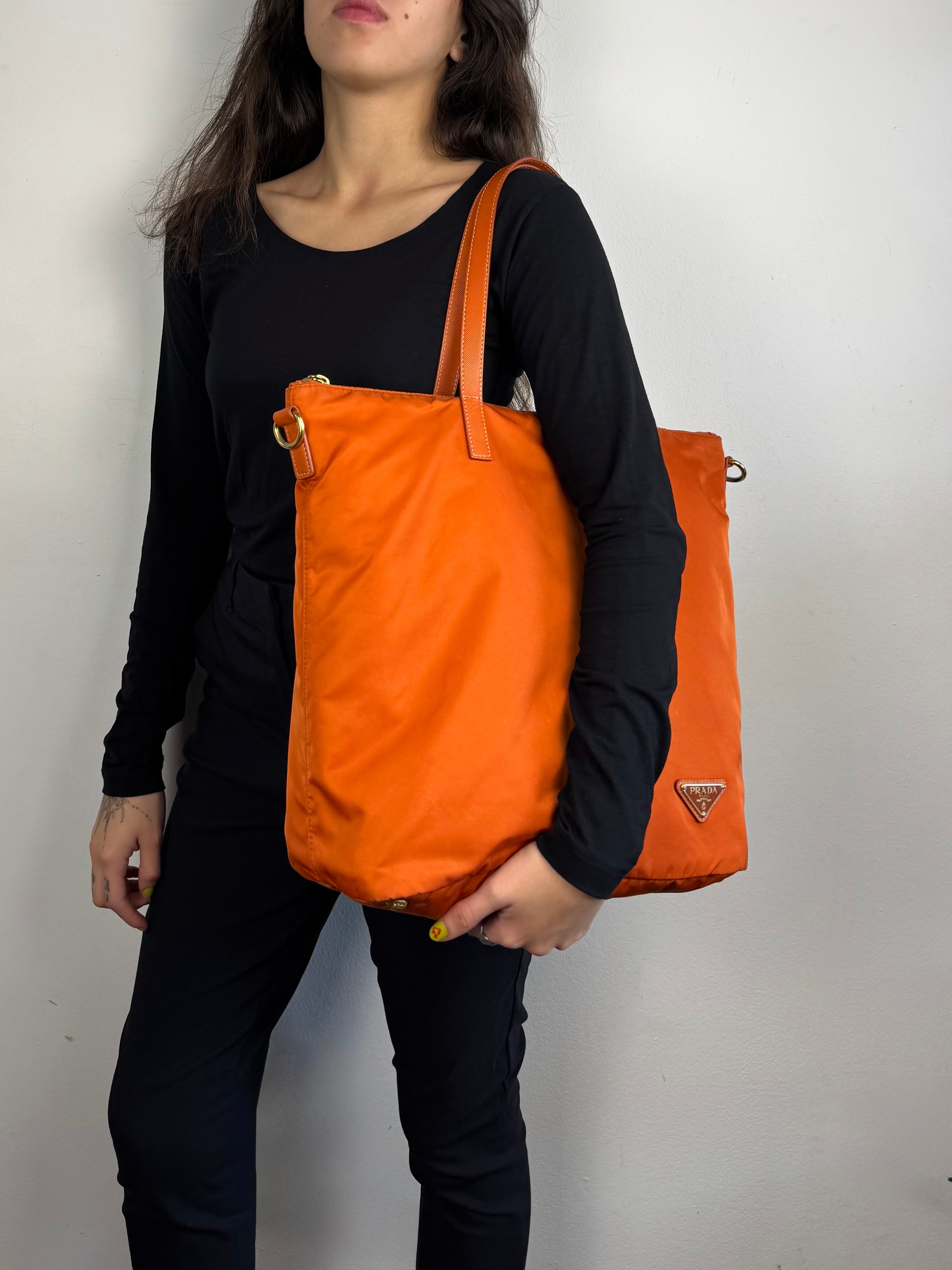 Prada Tessuto Orange Nylon With Leather Strap Tote Bag