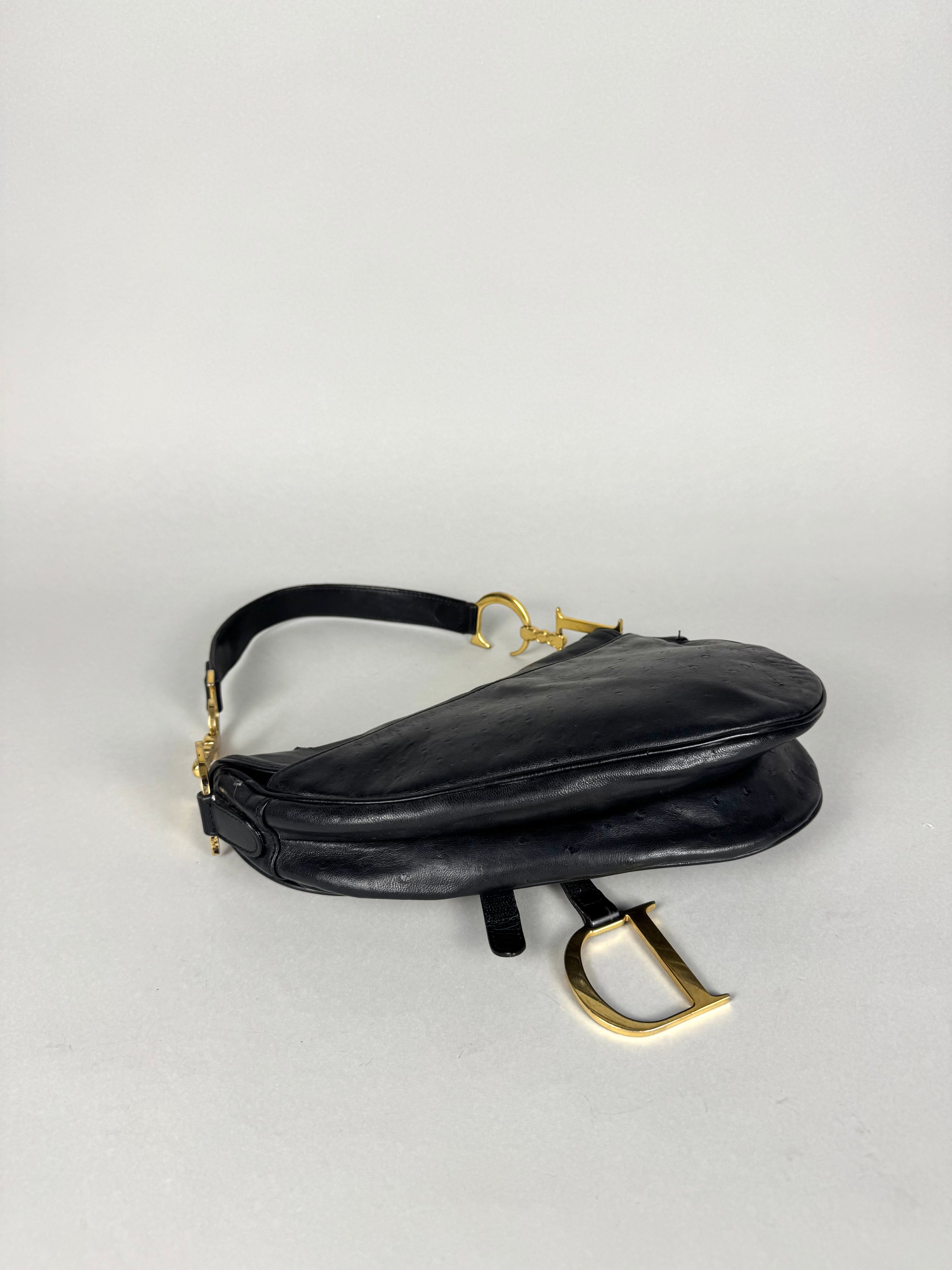 Christian Dior Saddle Ostrich Leather Black
