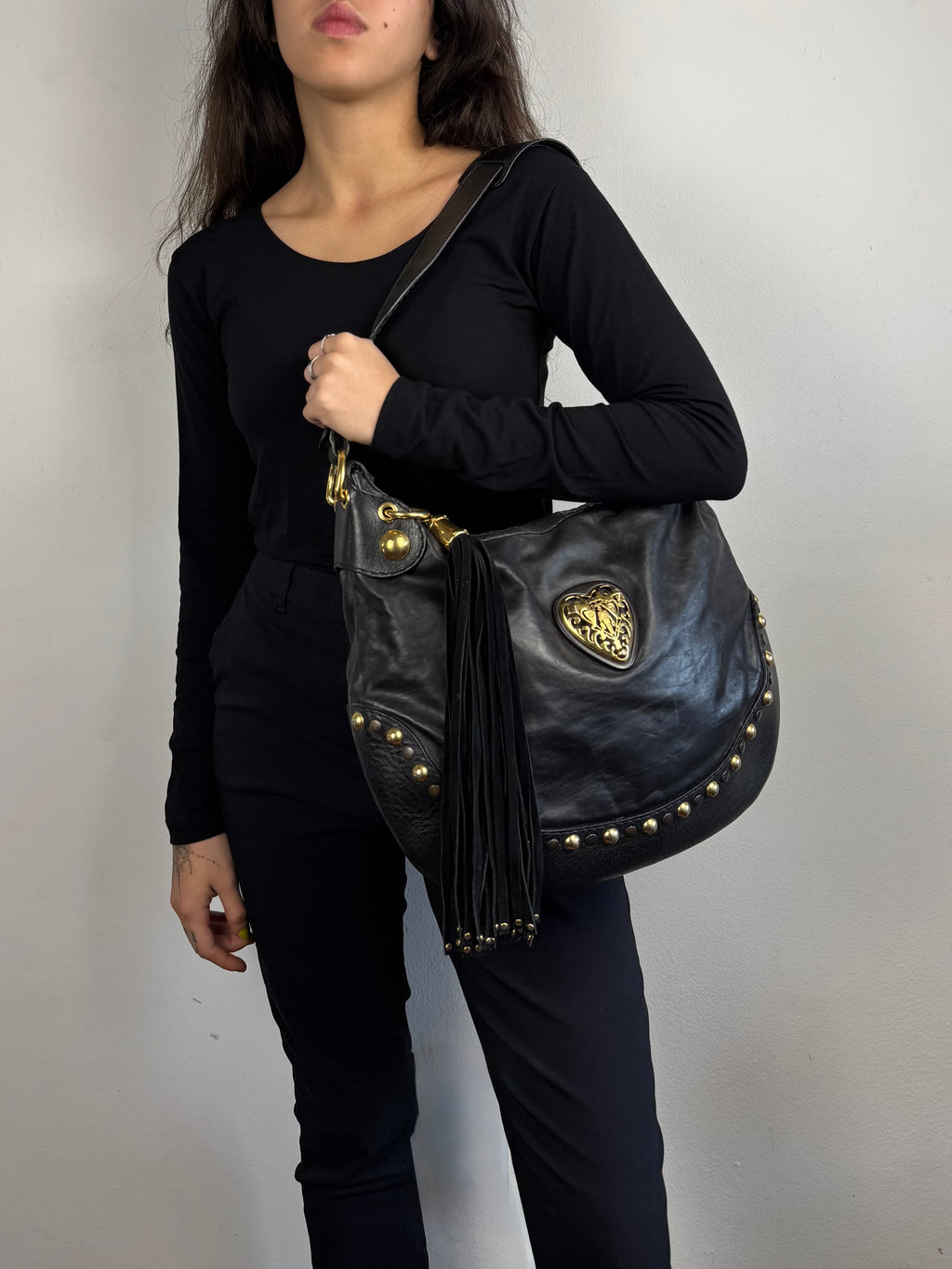 Gucci Babushka Studded Heart Hobo Leather Black