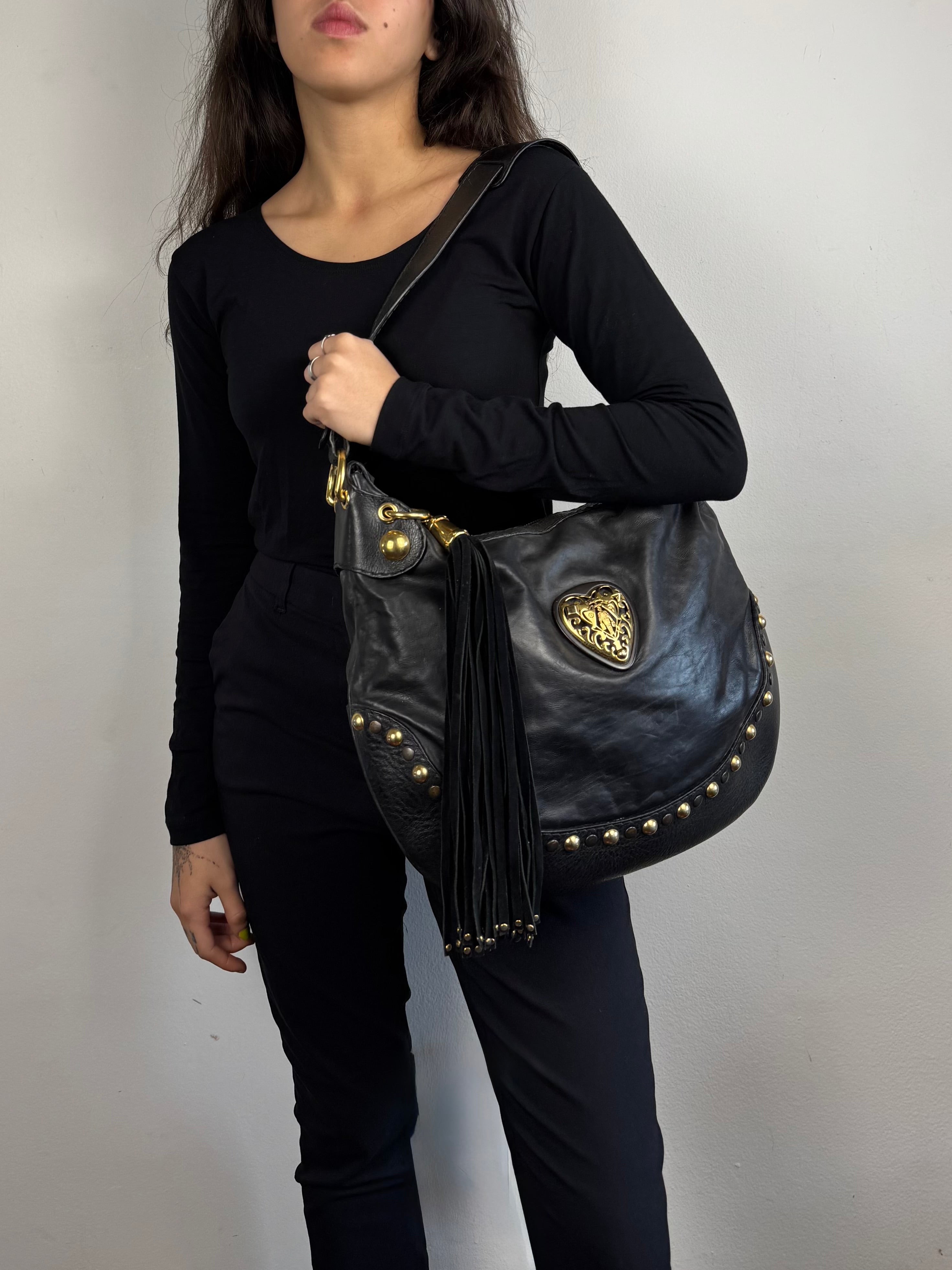Gucci Babushka Studded Heart Hobo Leather Black