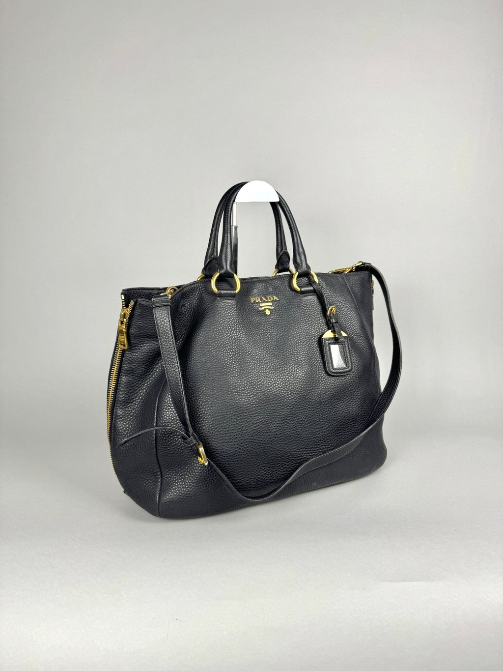 Prada Black Leather Vitello Diano Leather Side Zip Tote