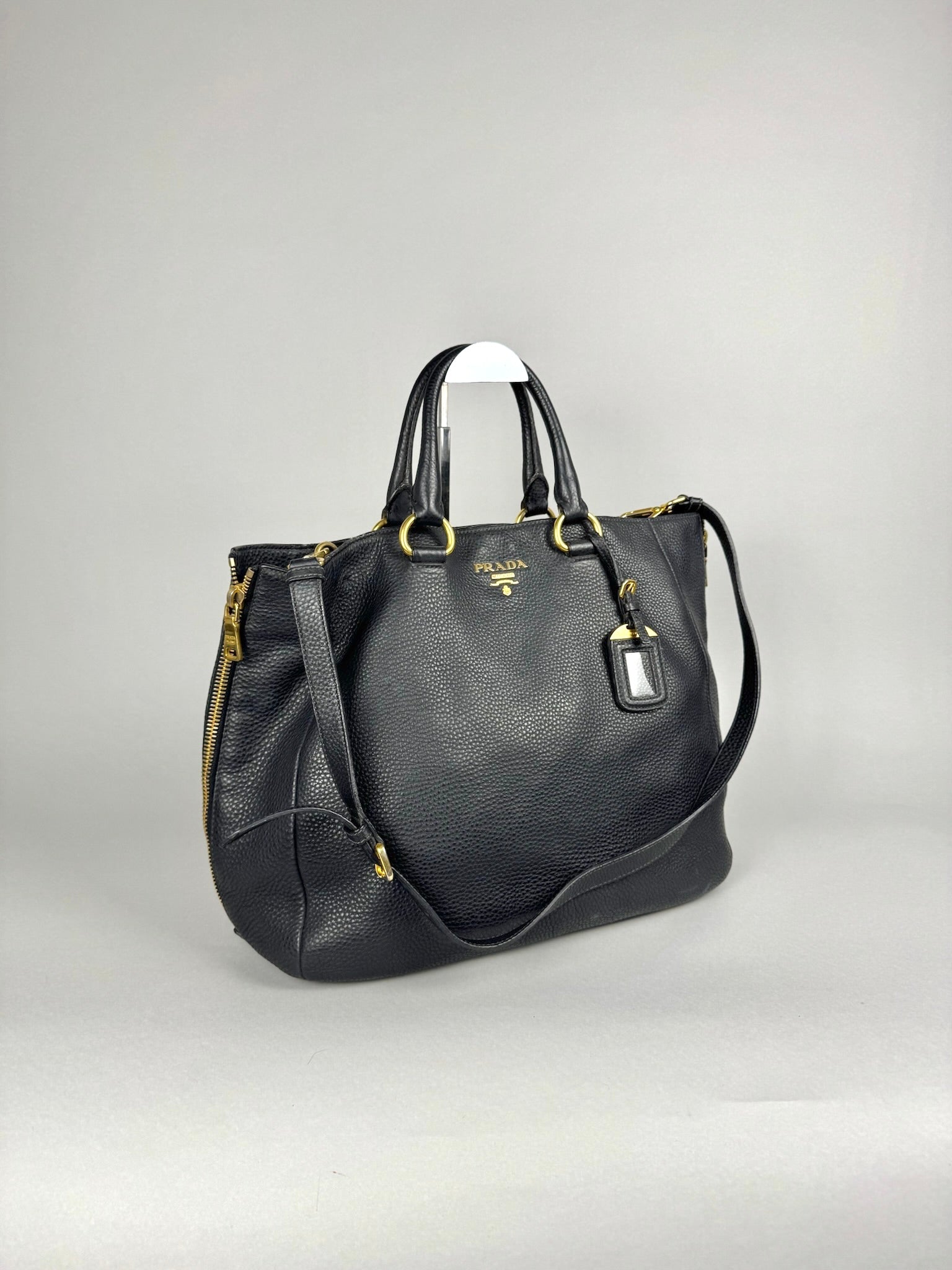 Prada Black Leather Vitello Diano Leather Side Zip Tote