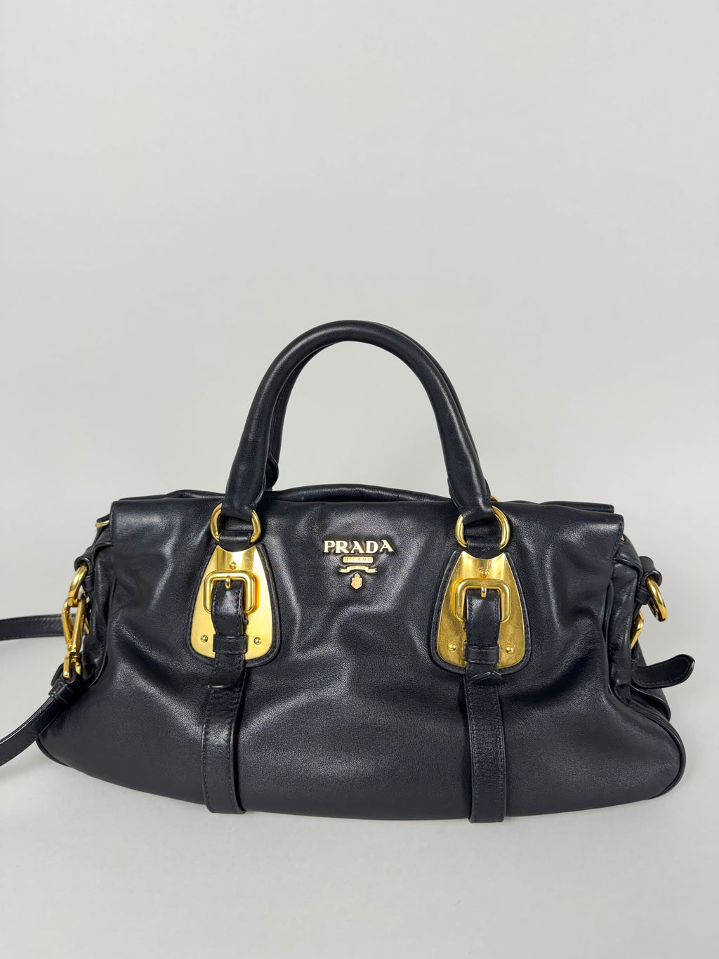 Prada Satchel Soft Calfskin Trimmed Leather Black