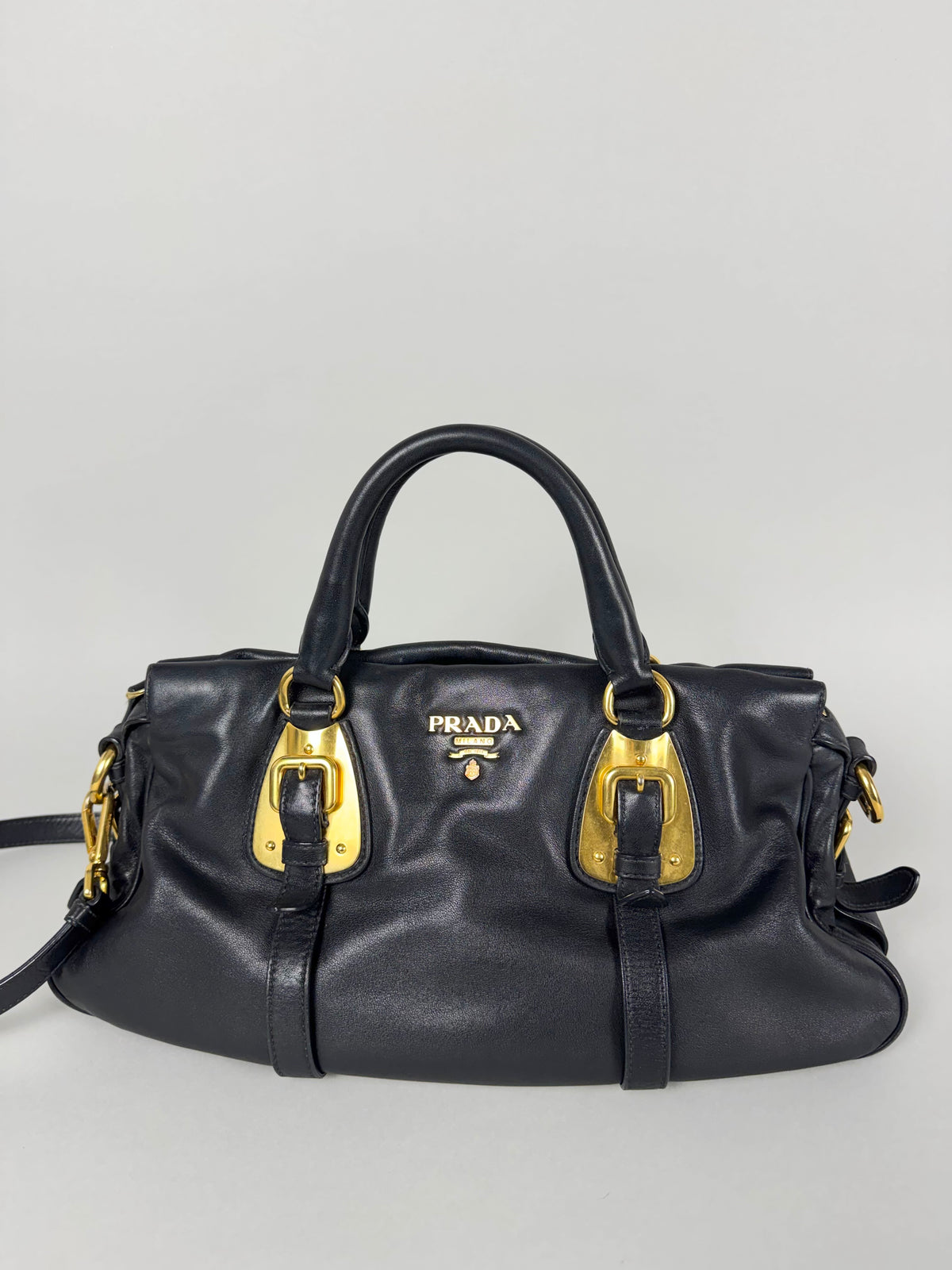 Prada Satchel Soft Calfskin Trimmed Leather Black