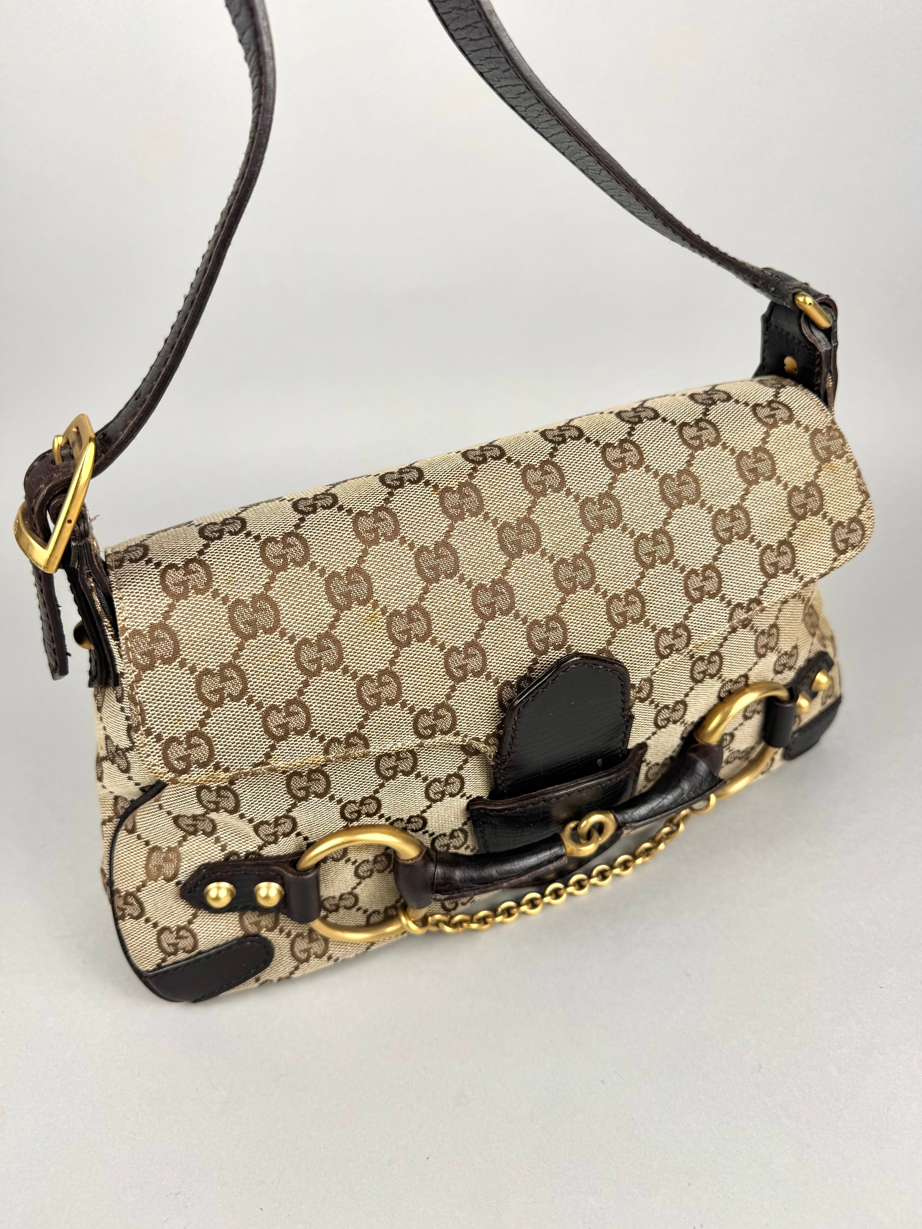 Gucci Monogram Horsebit Chain Flap Brown