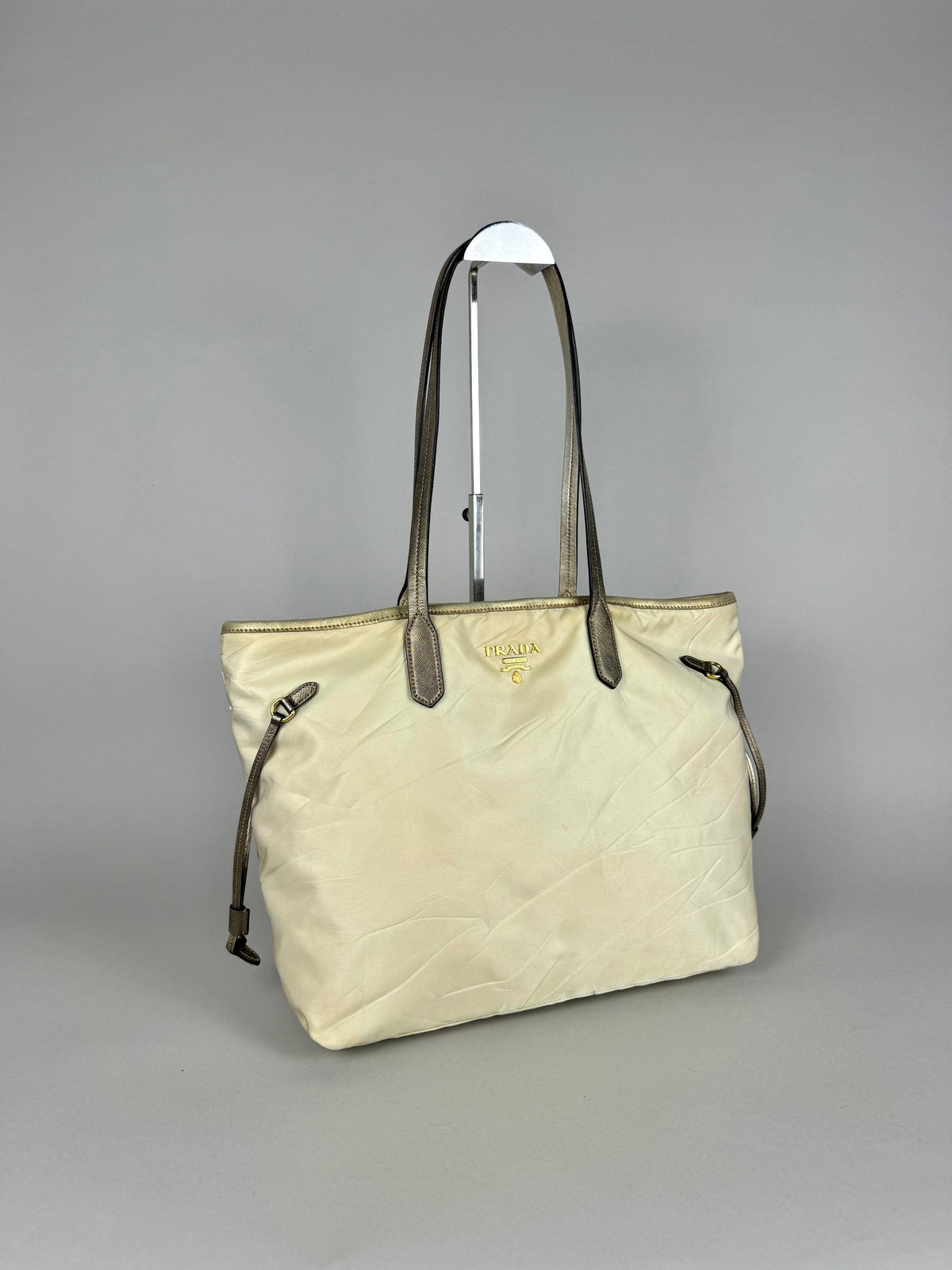 Prada Tessuto Nylon Saffiano Shopping Tote Off White
