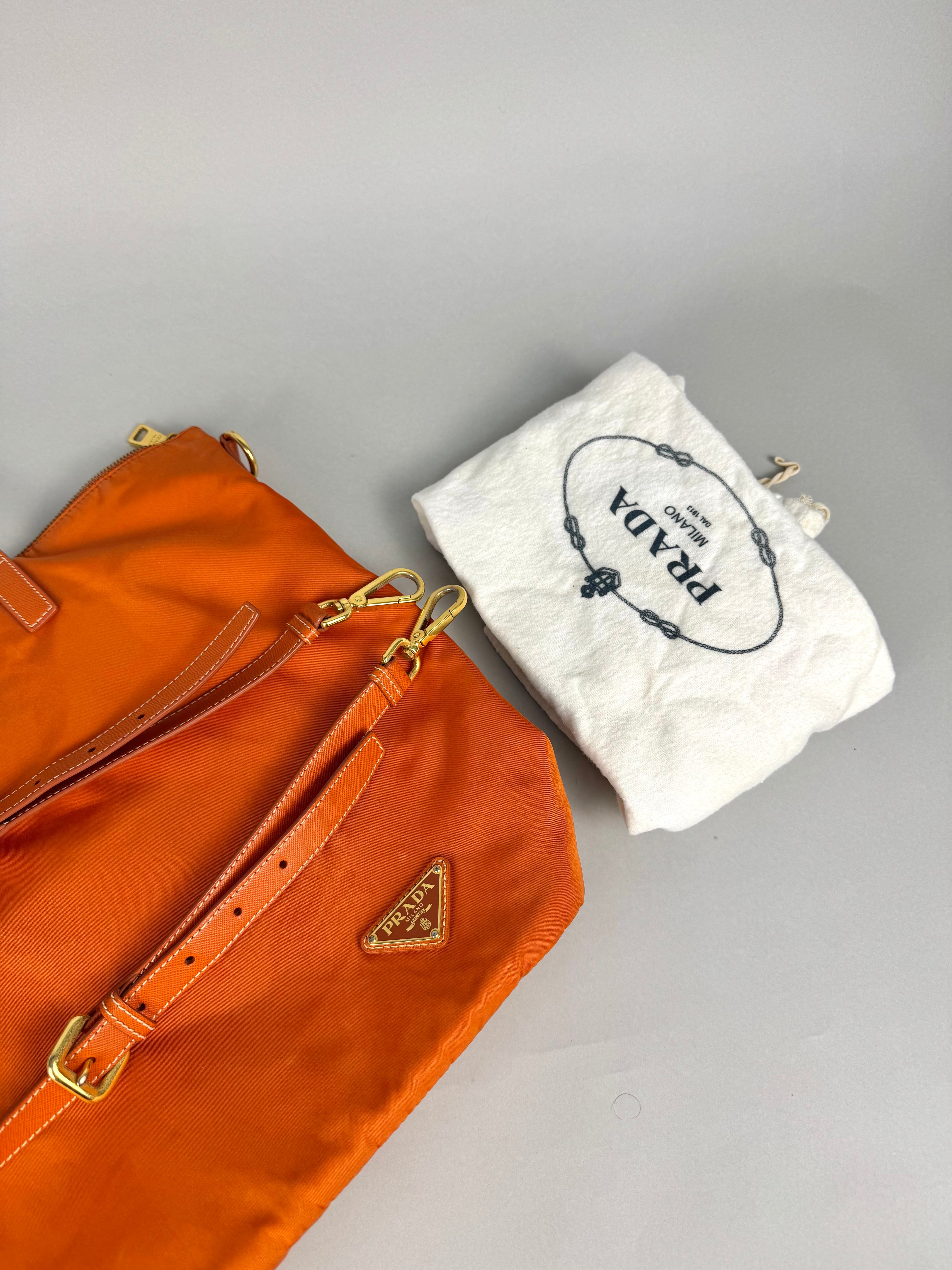 Prada Tessuto Orange Nylon With Leather Strap Tote Bag