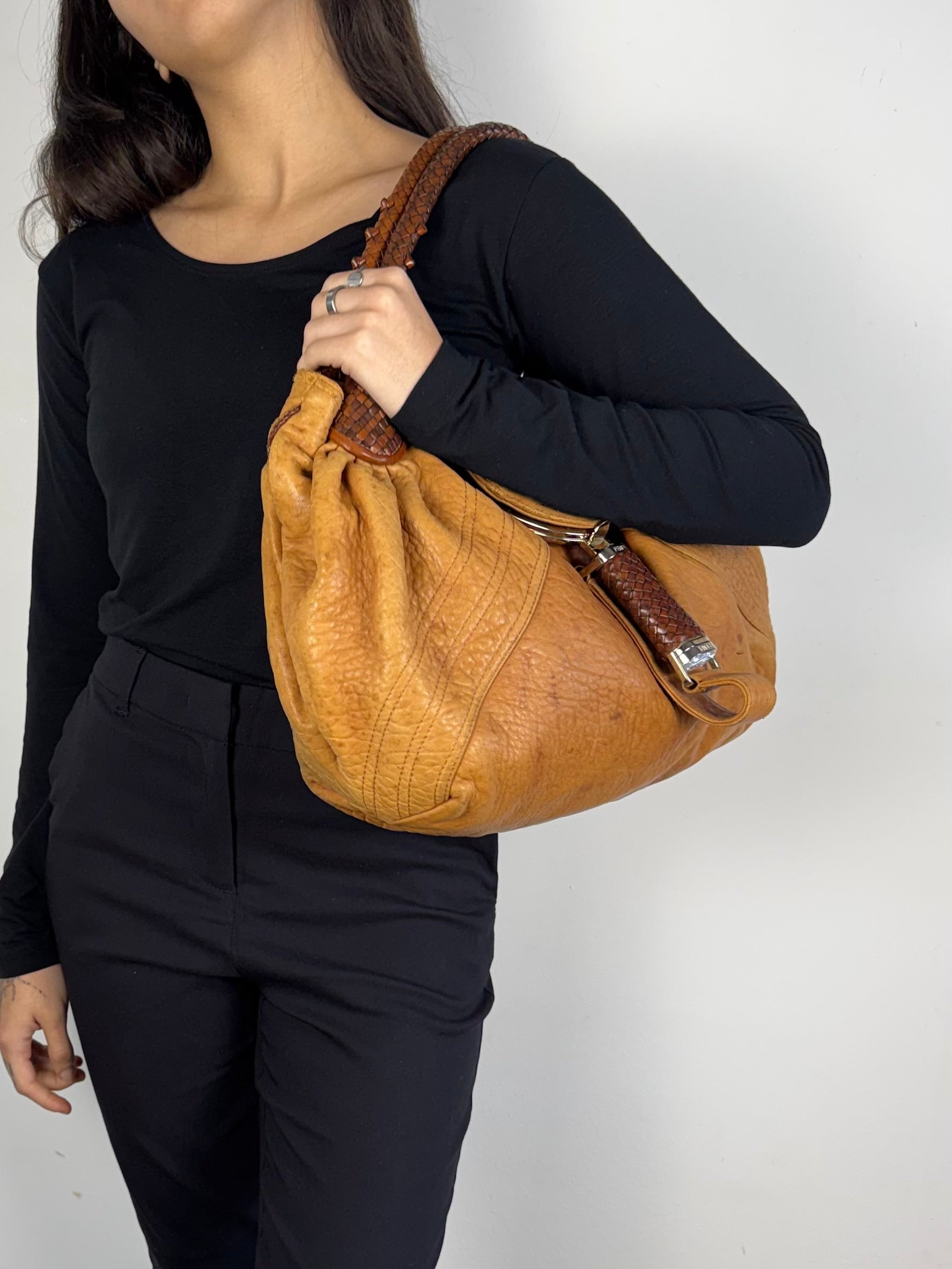 Fendi Spy Intreciatto Caramel Leather Bag