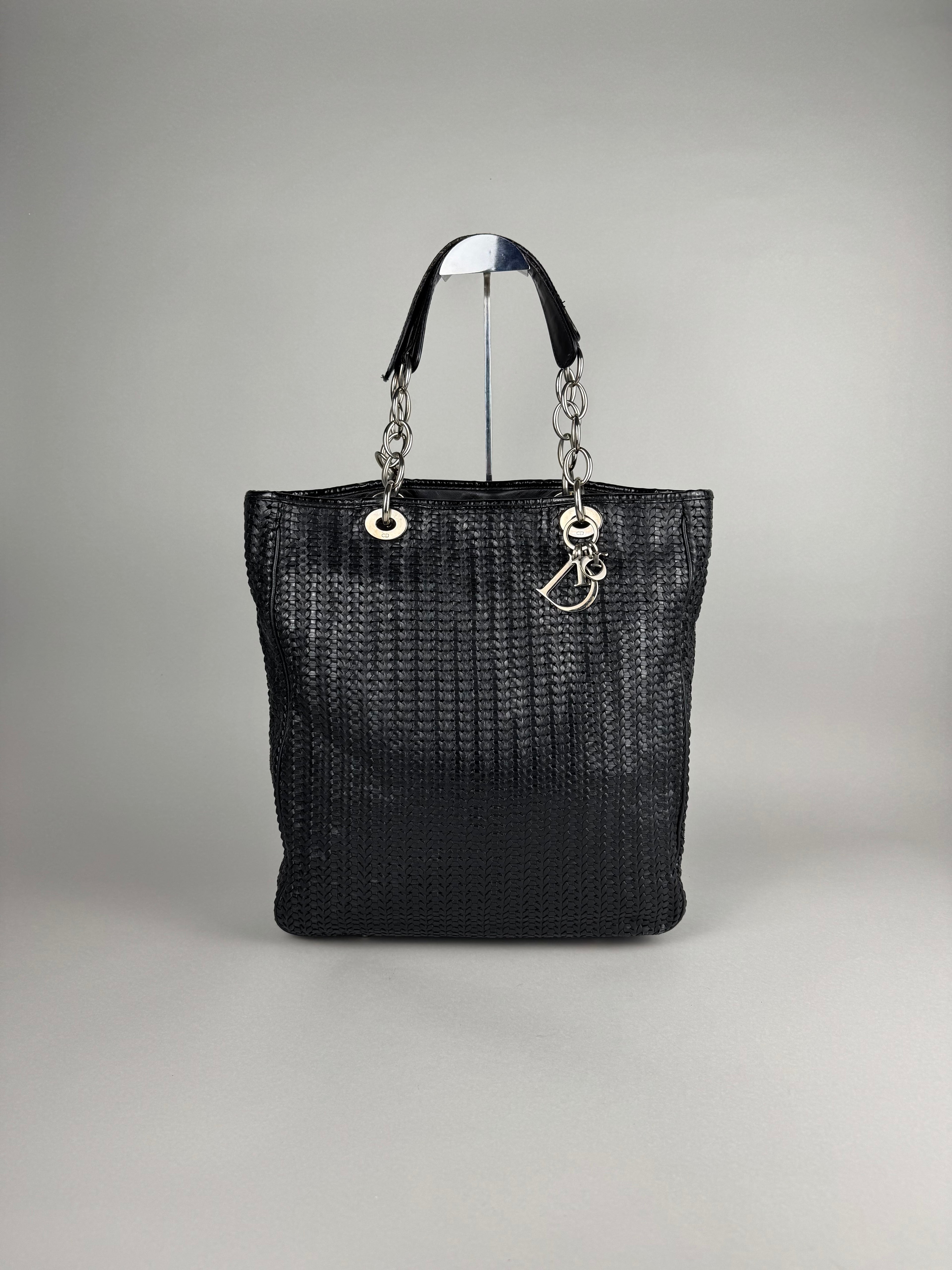Christian Dior Black Woven Lambskin Leather Lady Dior Tote