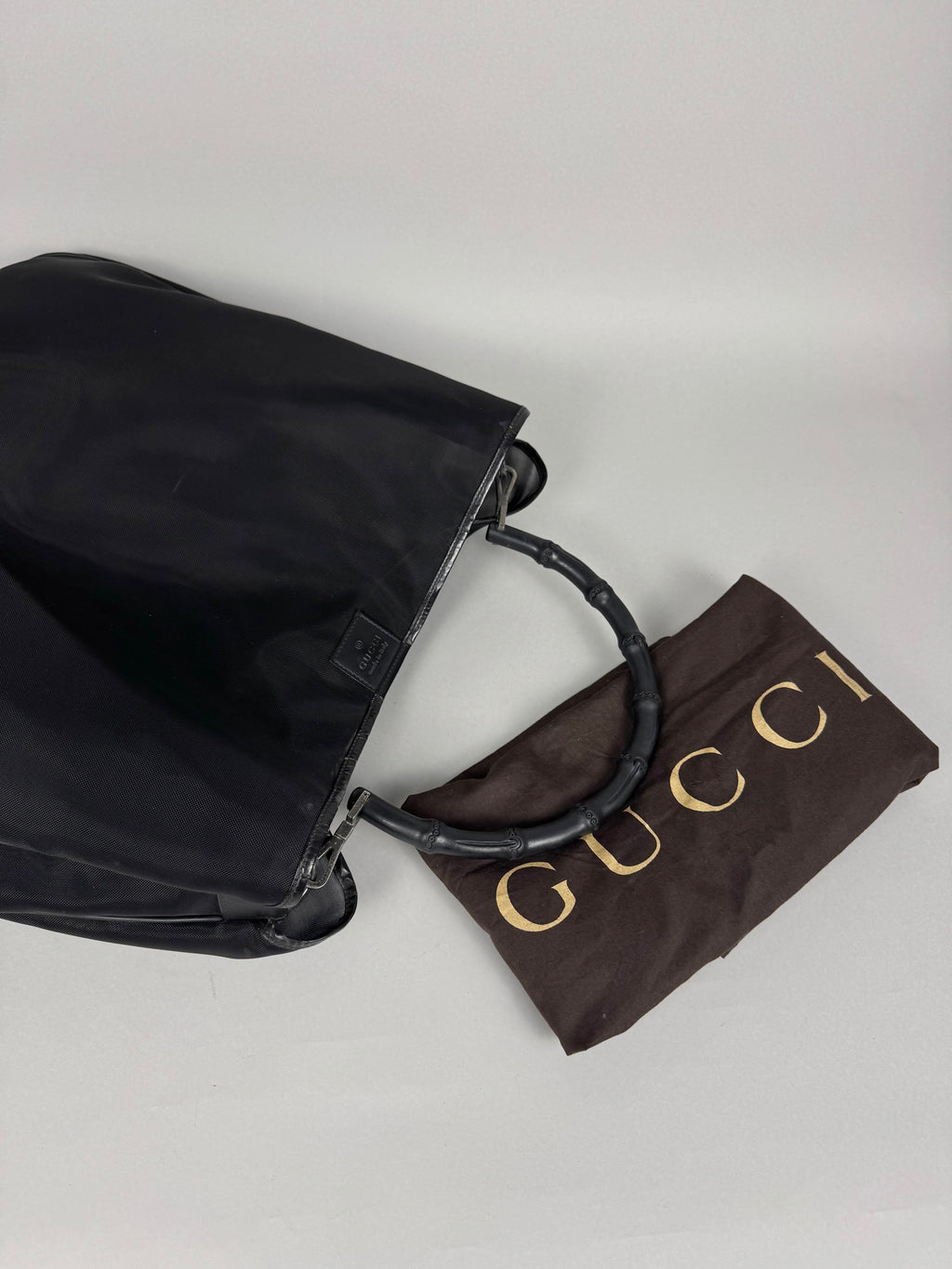 Gucci Mesh Bamboo Tote Bag in Black with Pouch