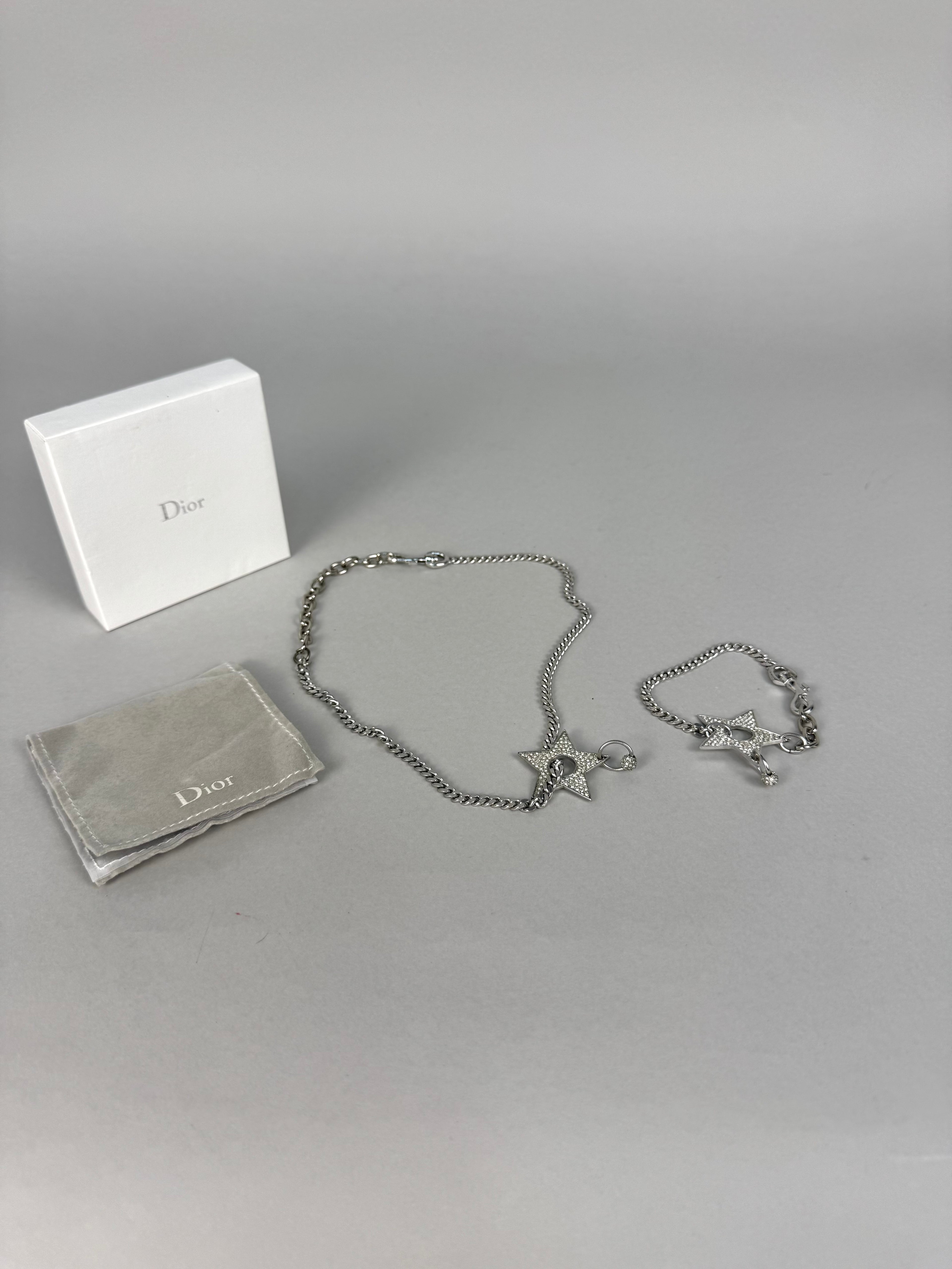 Christian Dior Crystal Star Pierced Choker Necklace Silver and Bracelet