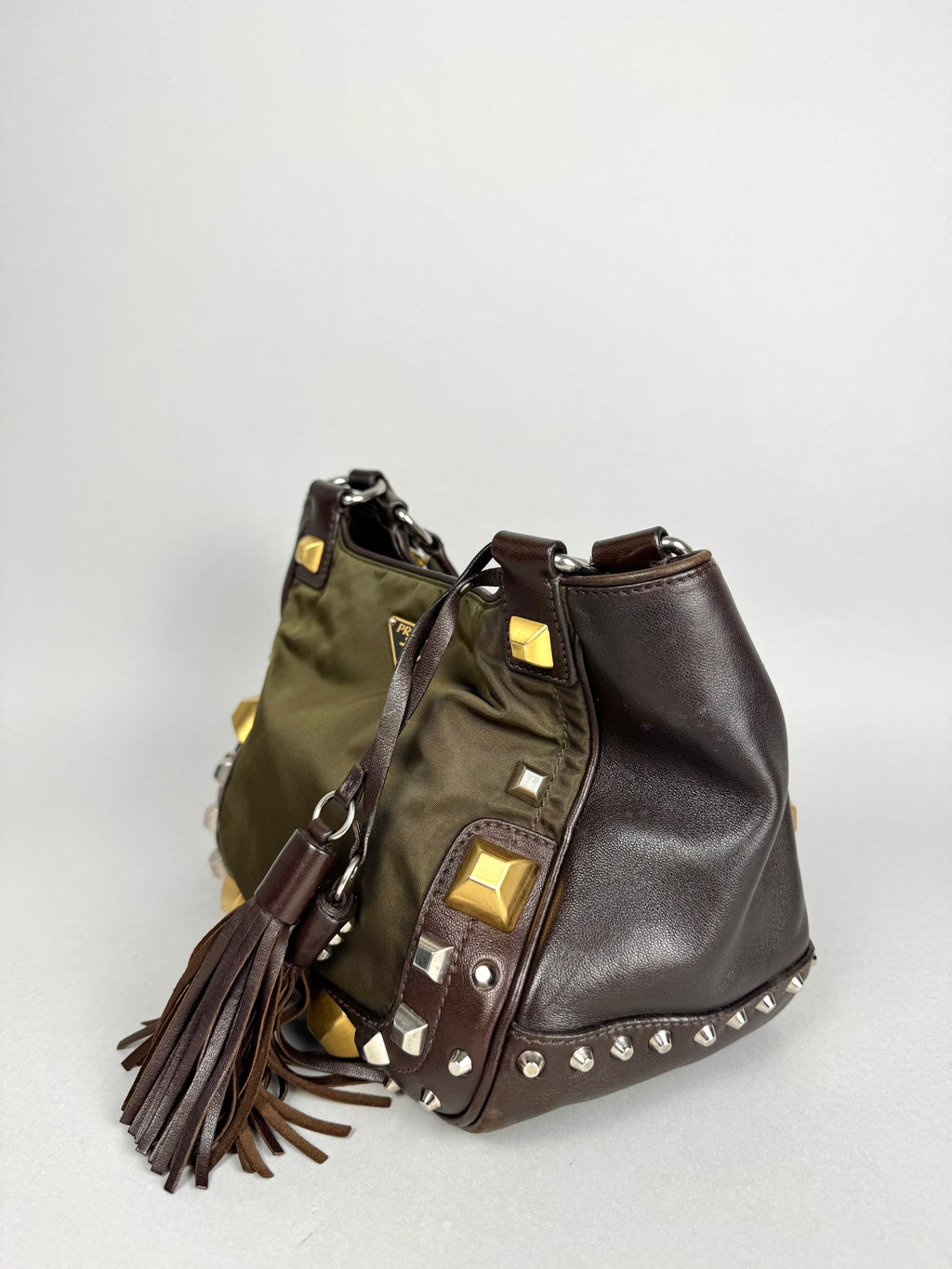 Prada Brown Studded Leather Green Dark Brown Pony-style Calfskin