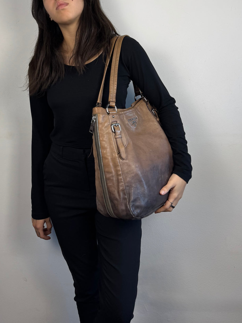 Prada Side Zip Ombre Calfskin Leather Tote