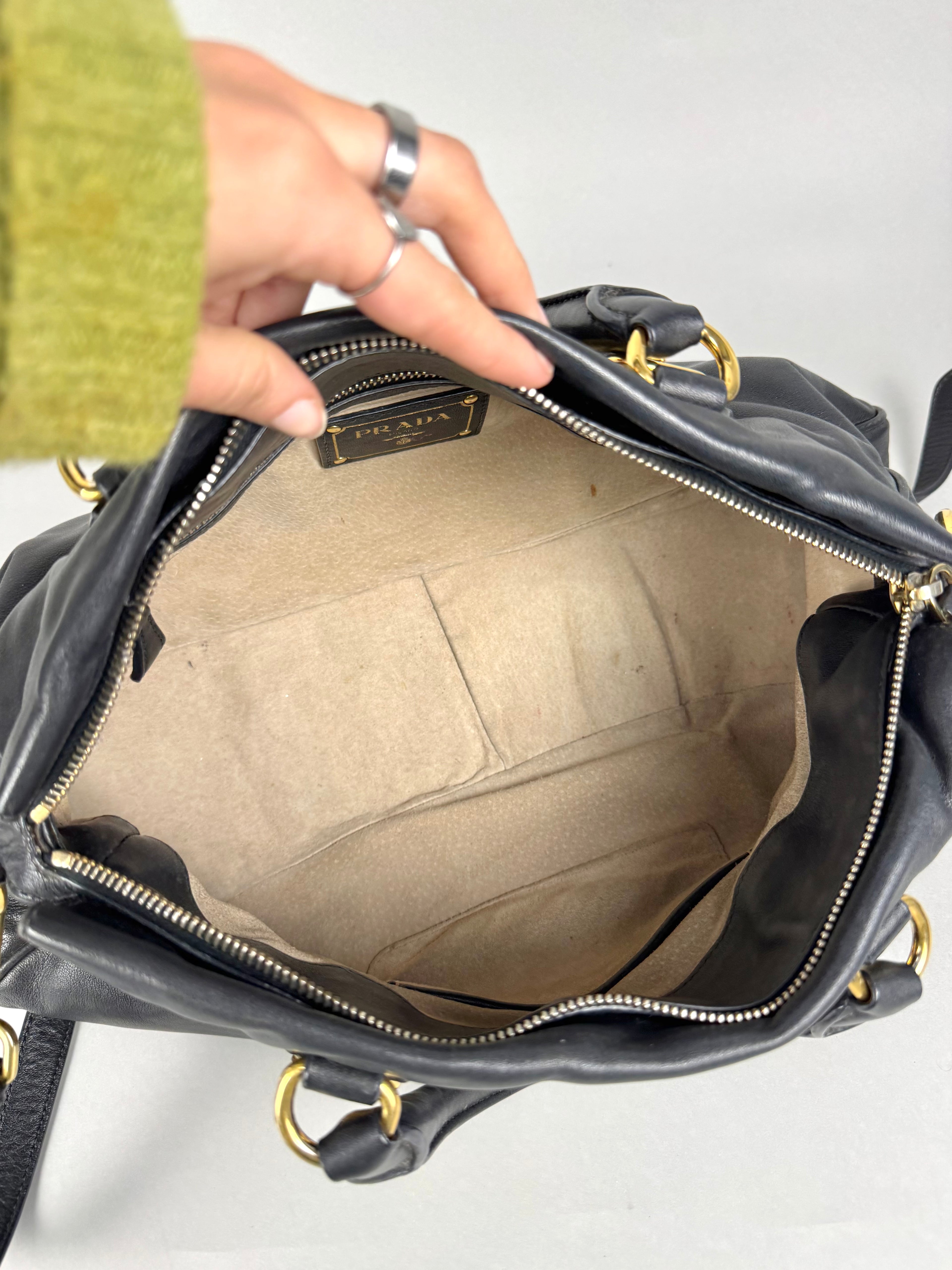 Prada Satchel Soft Calfskin Trimmed Leather Black