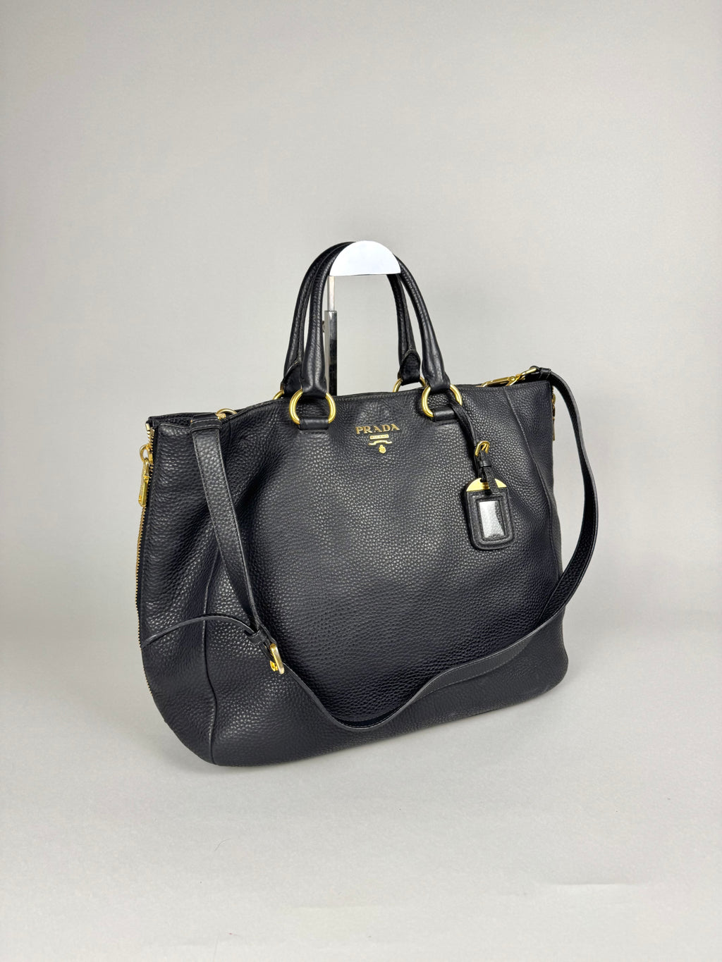 Prada Black Leather Vitello Diano Leather Side Zip Tote