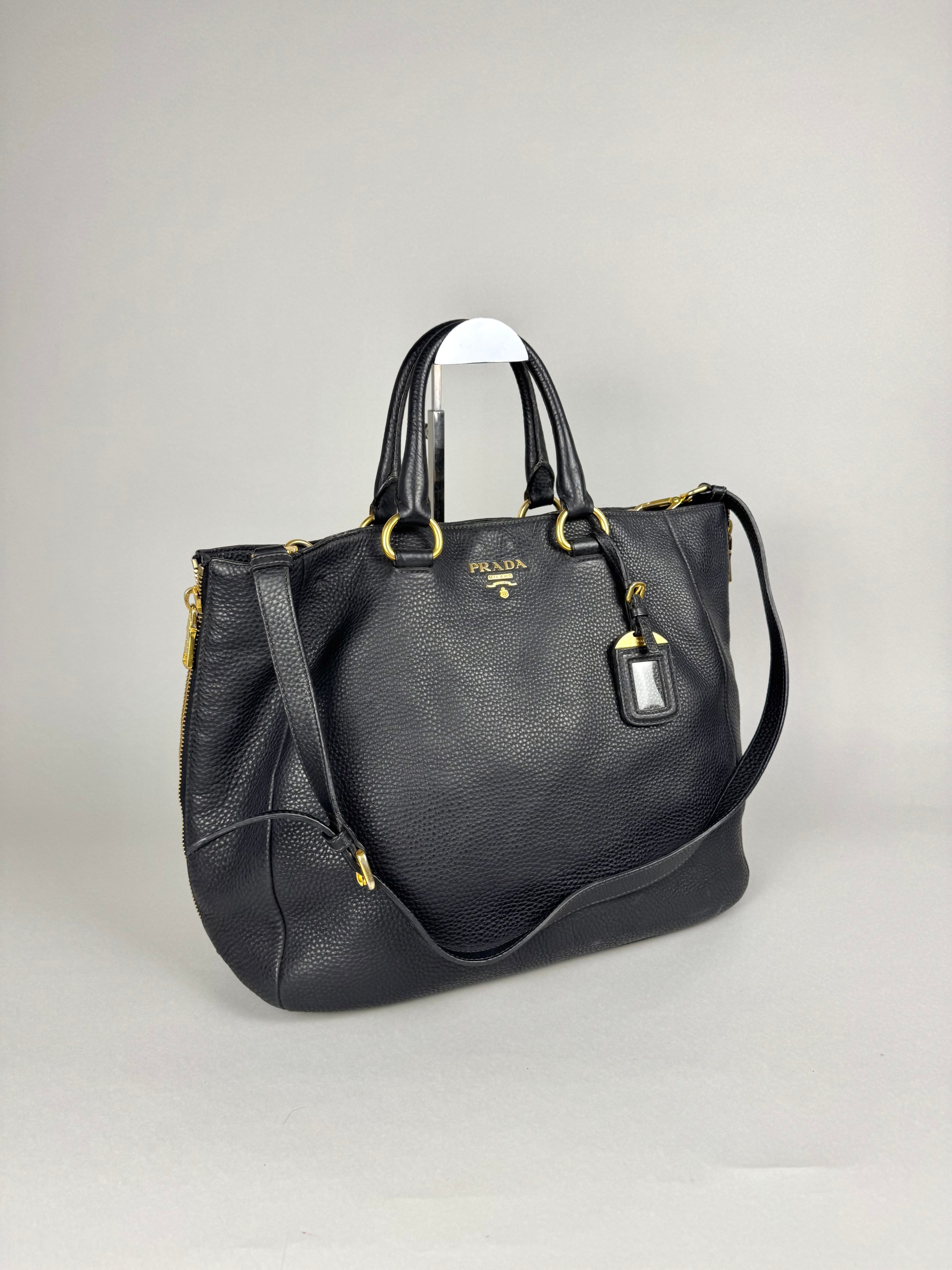 Prada Black Leather Vitello Diano Leather Side Zip Tote