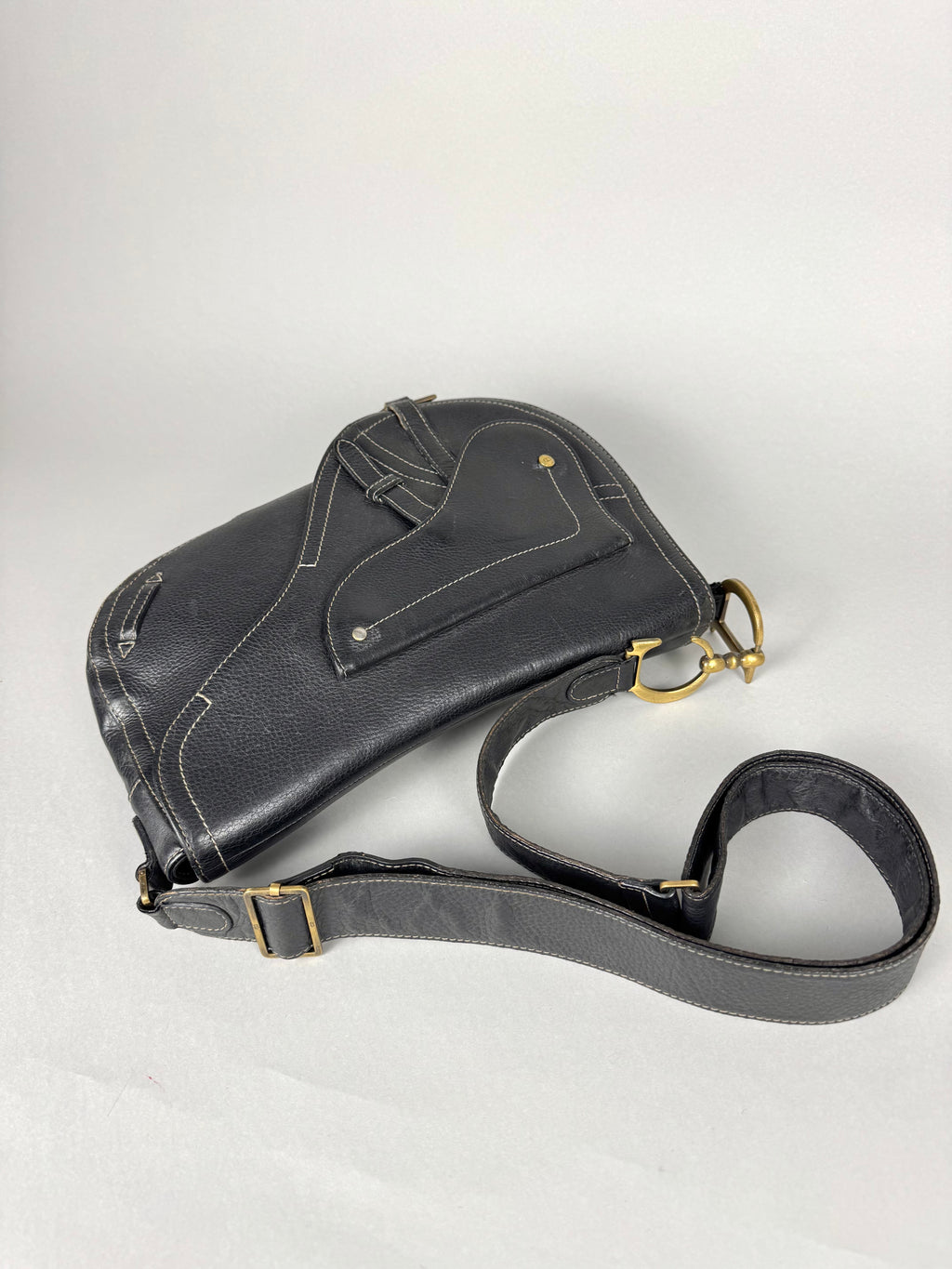 Christian Dior Vintage Double Baudrier Saddle Bag in Black Leather