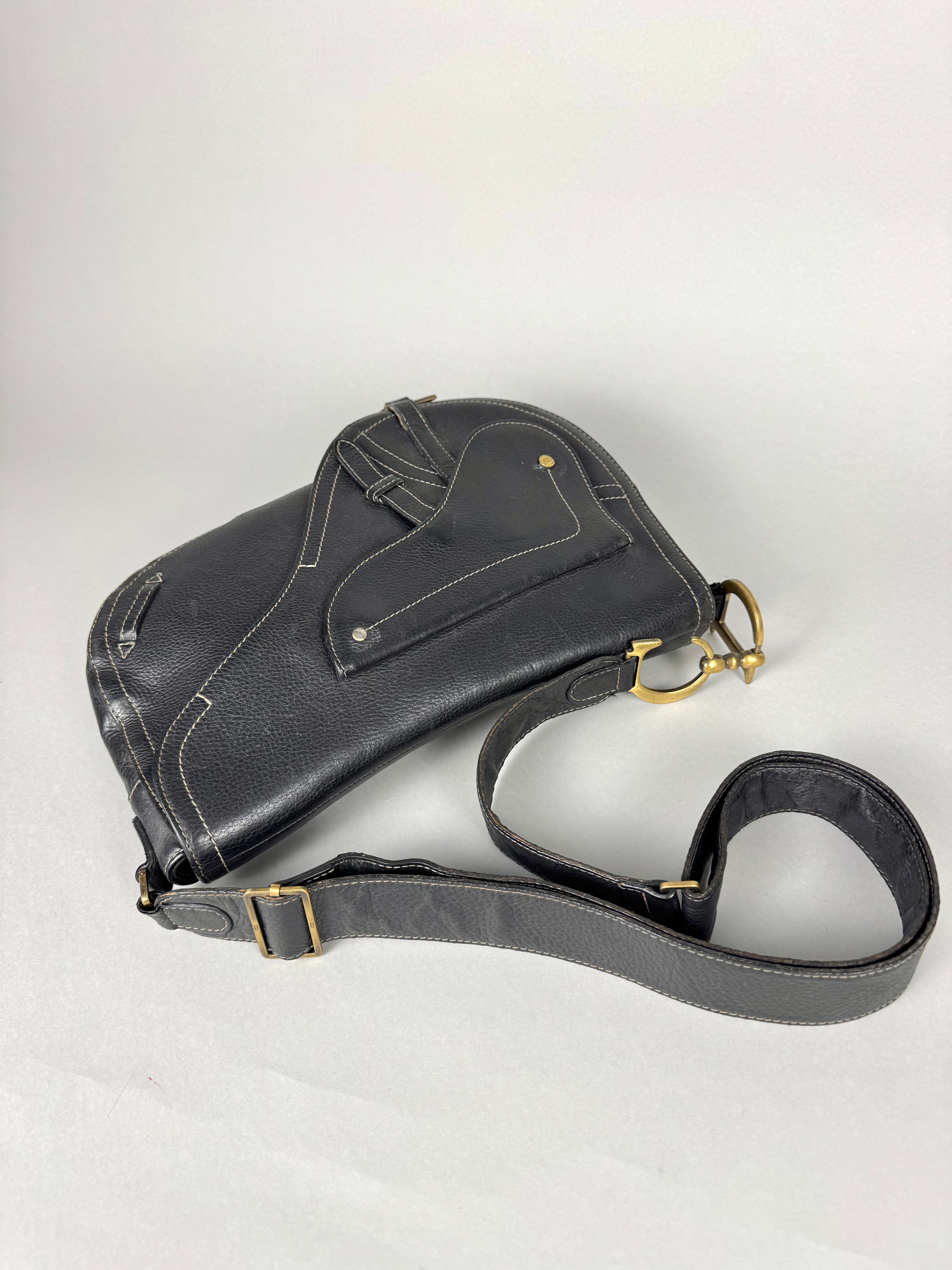 Christian Dior Vintage Double Baudrier Saddle Bag in Black Leather