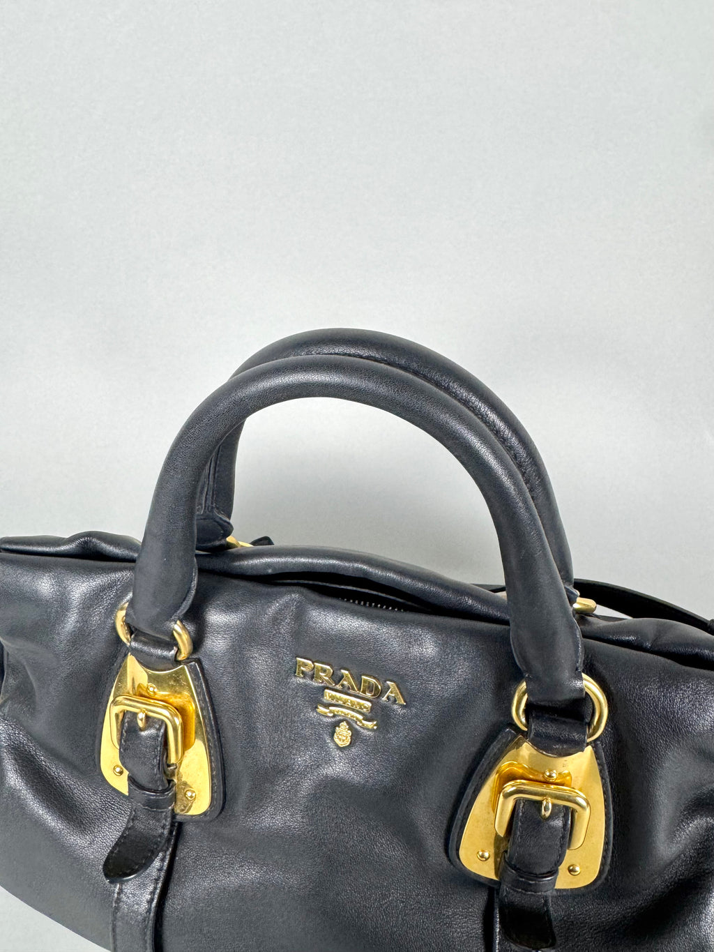 Prada Satchel Soft Calfskin Trimmed Leather Black