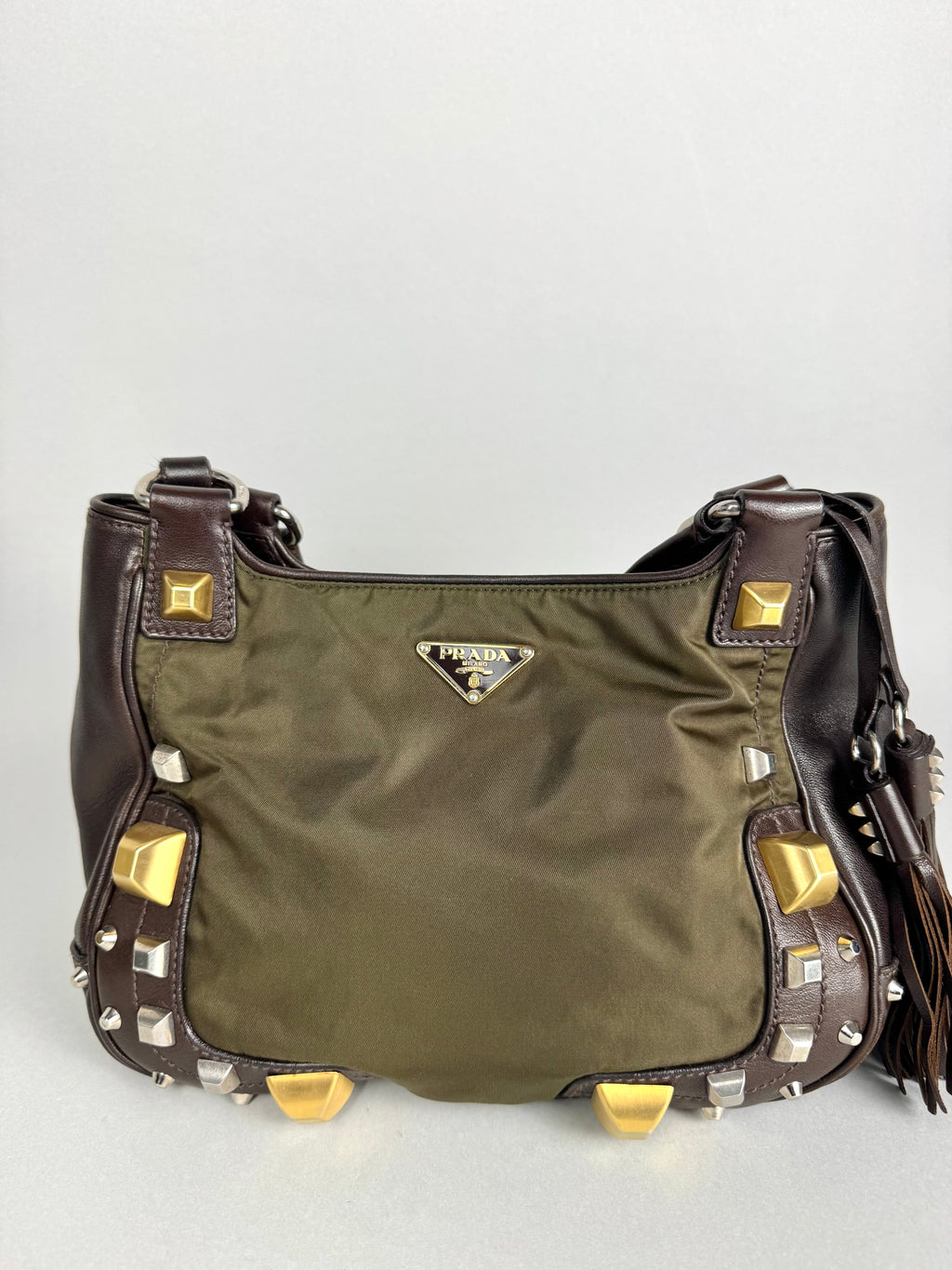 Prada Brown Studded Leather Green Dark Brown Pony-style Calfskin