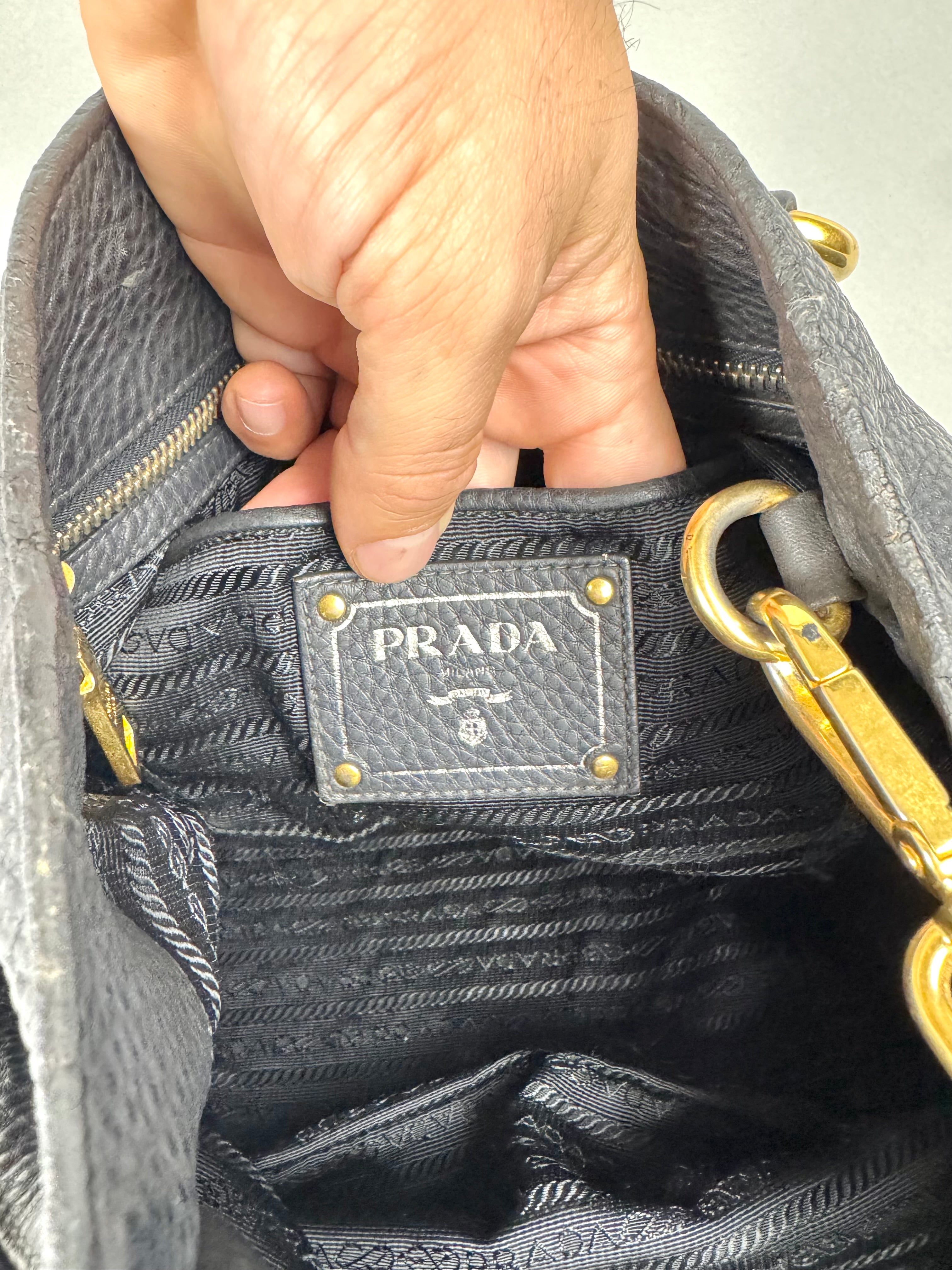 Prada Black Leather Vitello Diano Leather Side Zip Tote
