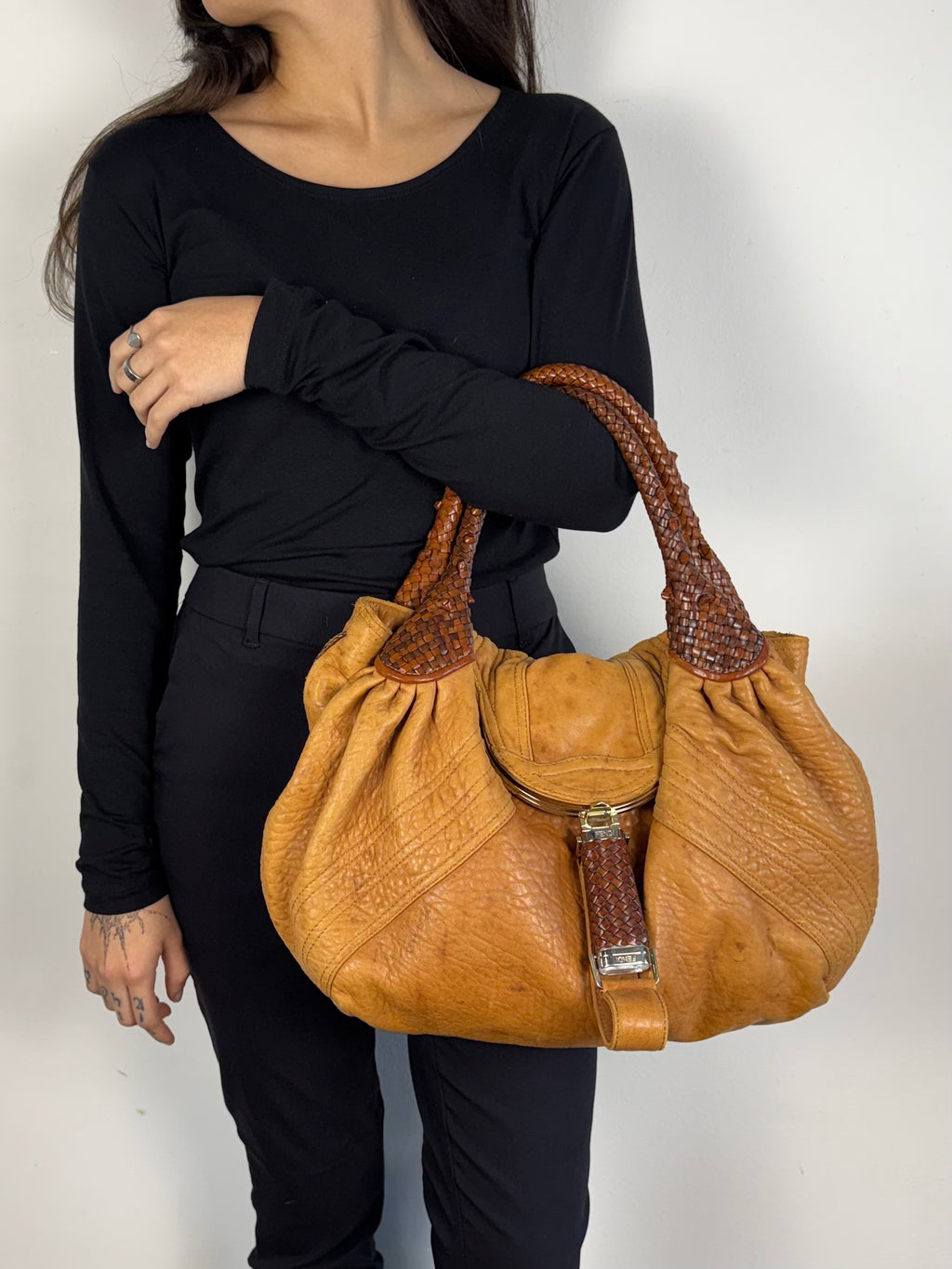 Fendi Spy Intreciatto Caramel Leather Bag