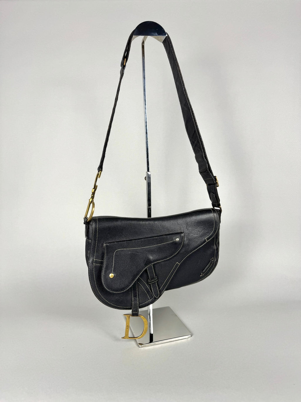 Christian Dior Vintage Double Baudrier Saddle Bag in Black Leather
