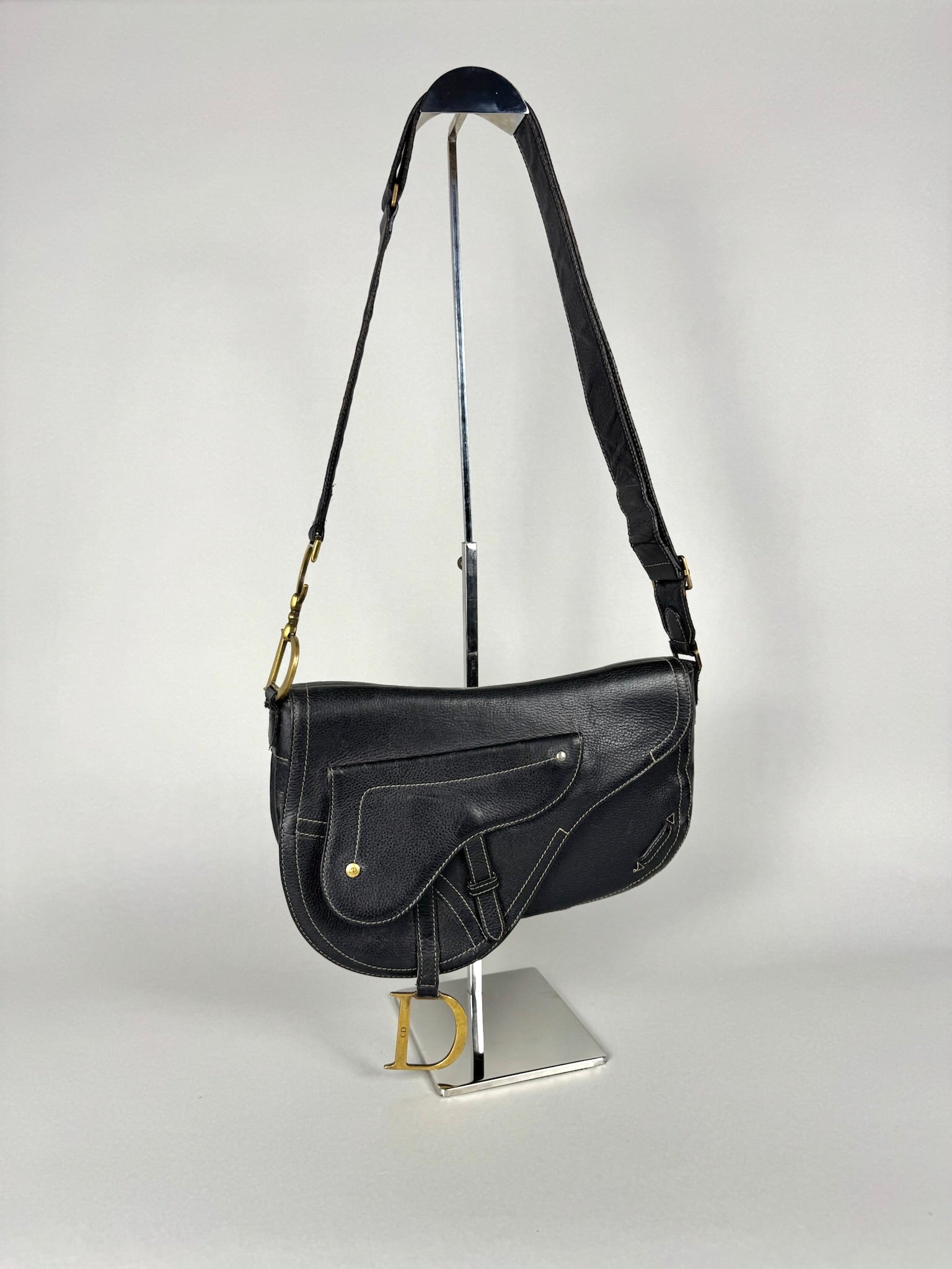 Christian Dior Vintage Double Baudrier Saddle Bag in Black Leather