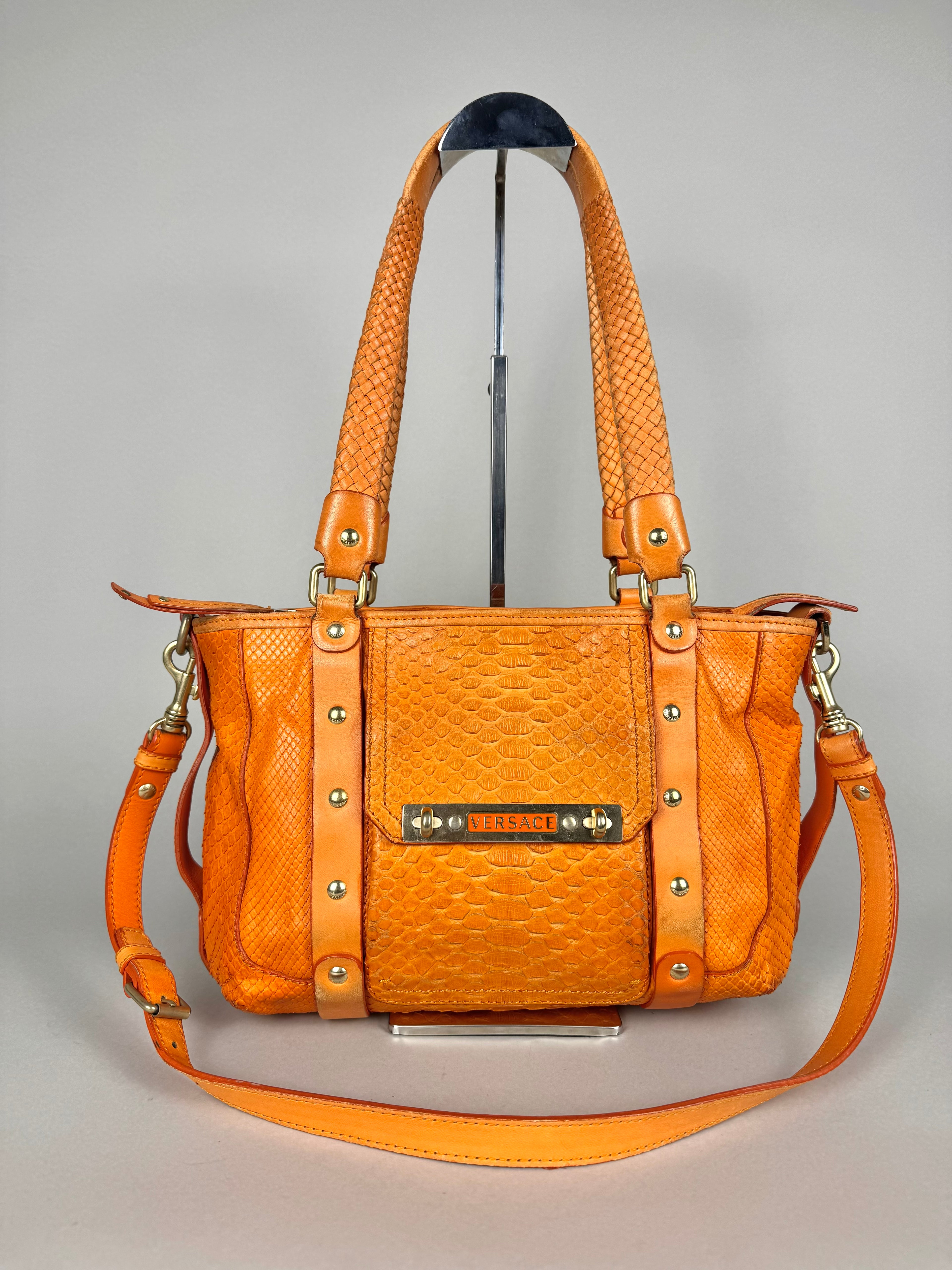 Versace Orange Python and Leather Tote
