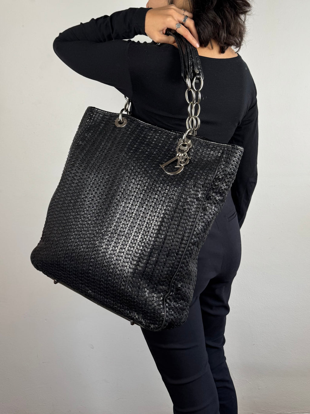 Christian Dior Black Woven Lambskin Leather Lady Dior Tote
