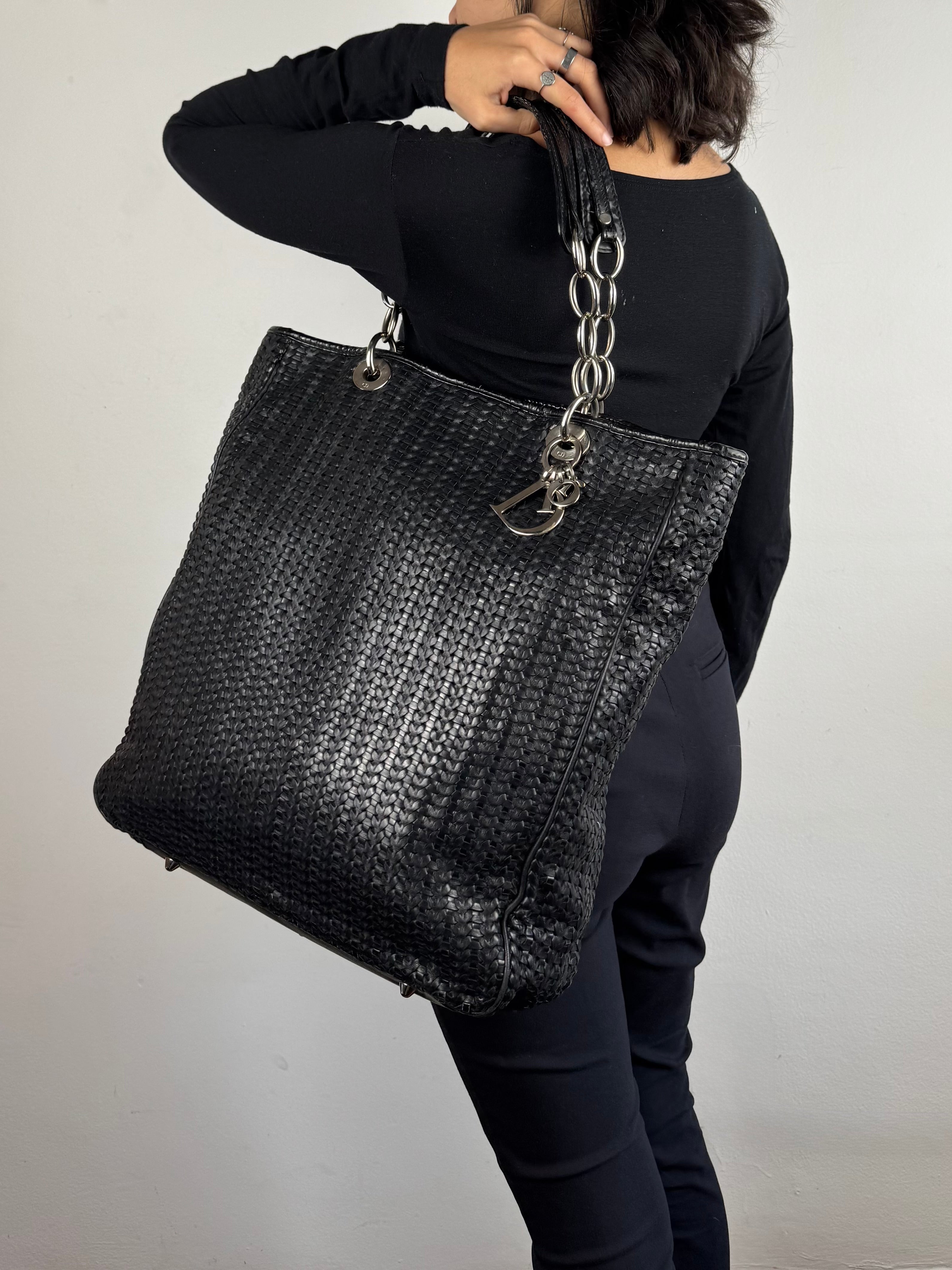 Christian Dior Black Woven Lambskin Leather Lady Dior Tote