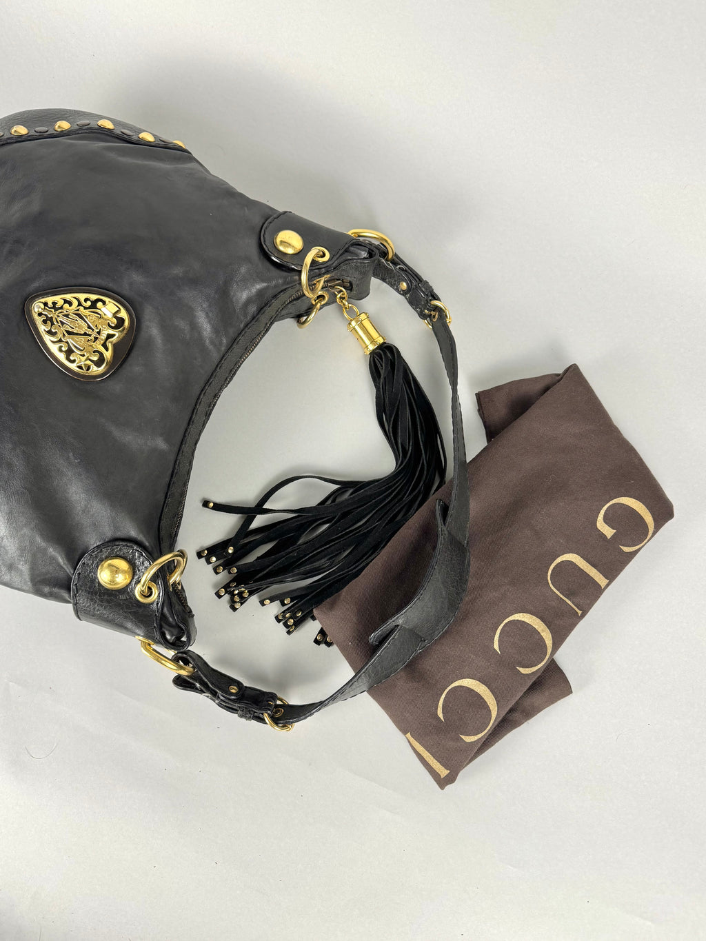 Gucci Babushka Studded Heart Hobo Leather Black