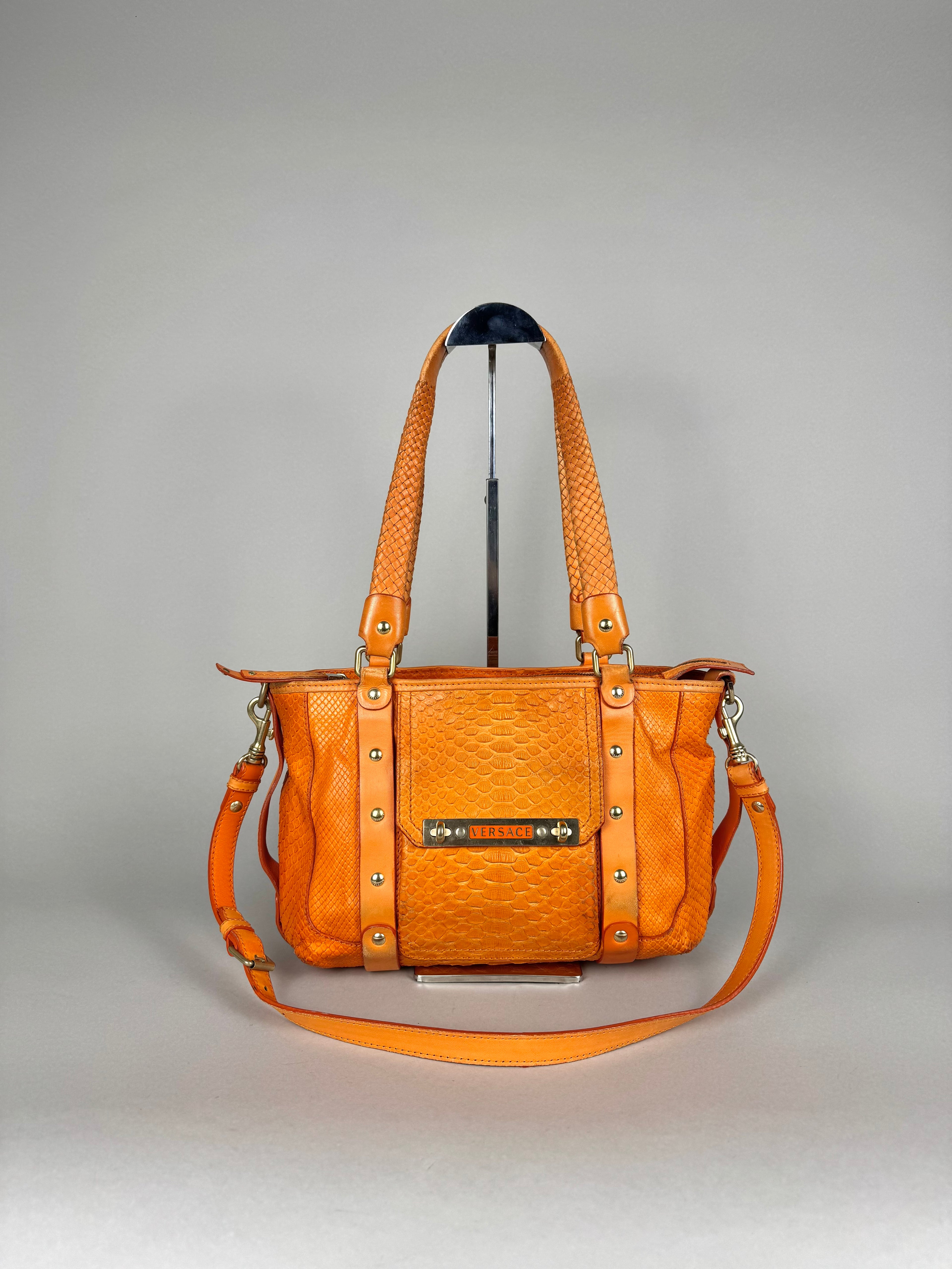 Versace Orange Python and Leather Tote