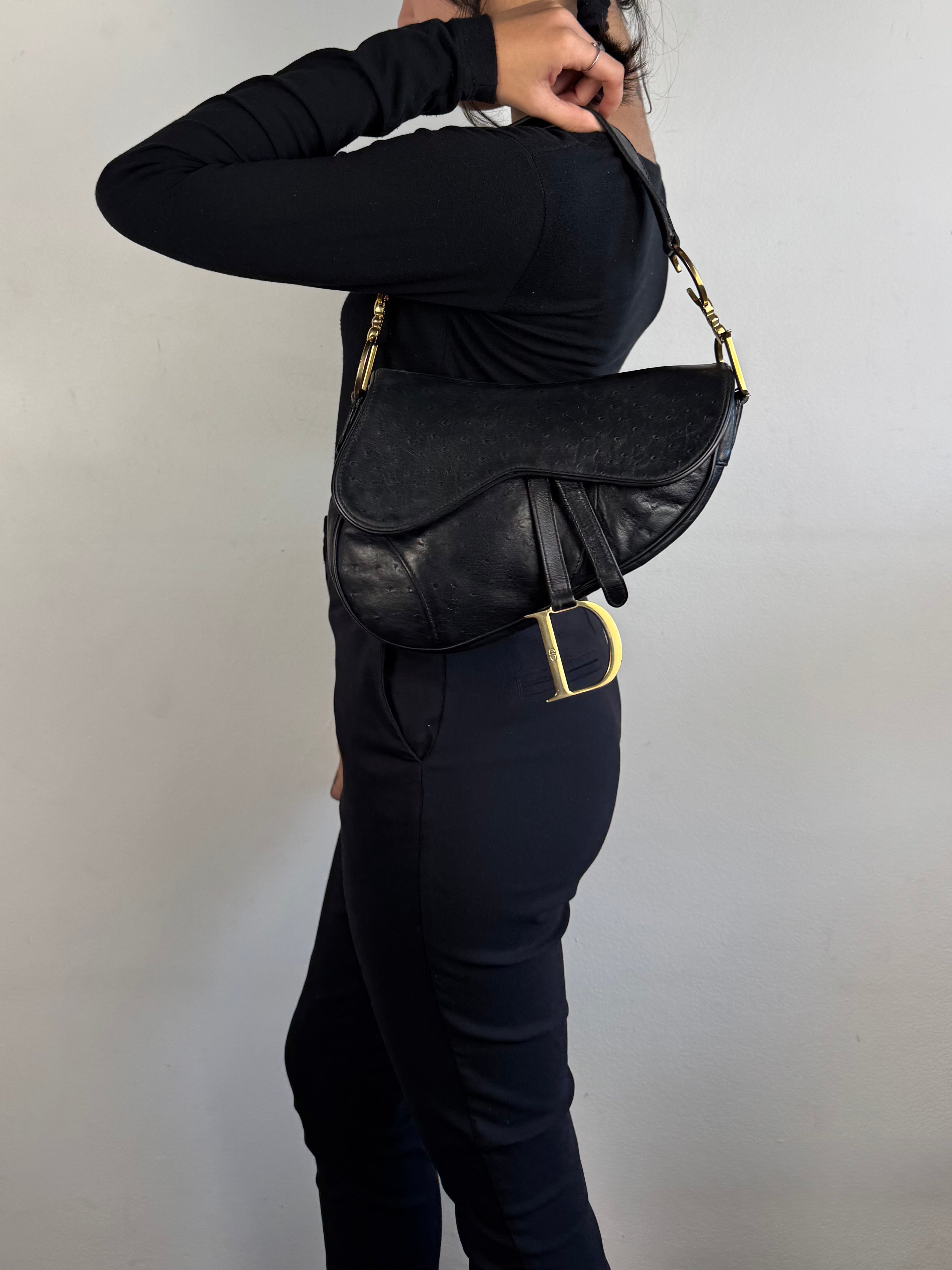Christian Dior Saddle Ostrich Leather Black